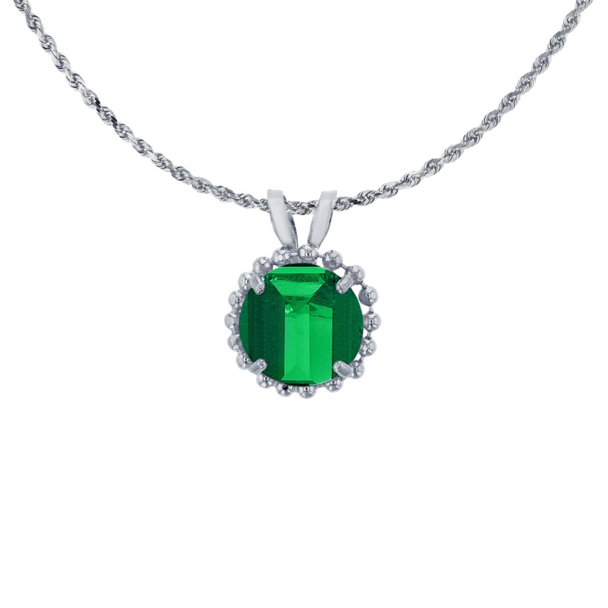 10K White Gold 6mm Rd Cut Created Emerald with Bead Frame Rabbit Ear 18" Necklace