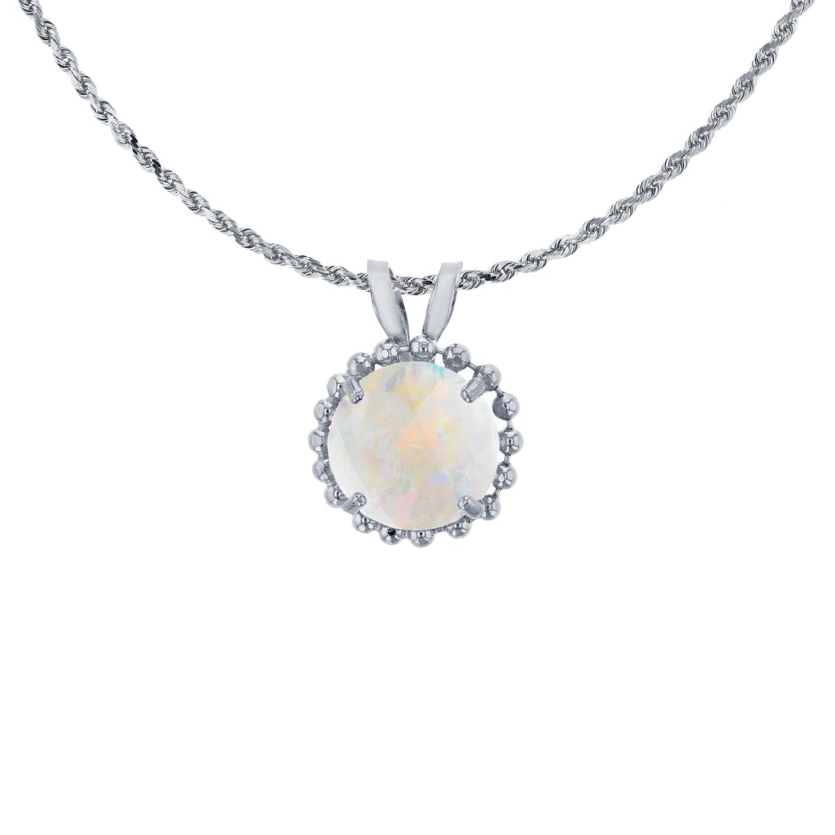 10K White Gold 6mm Rd Cut Created Opal with Bead Frame Rabbit Ear 18" Necklace
