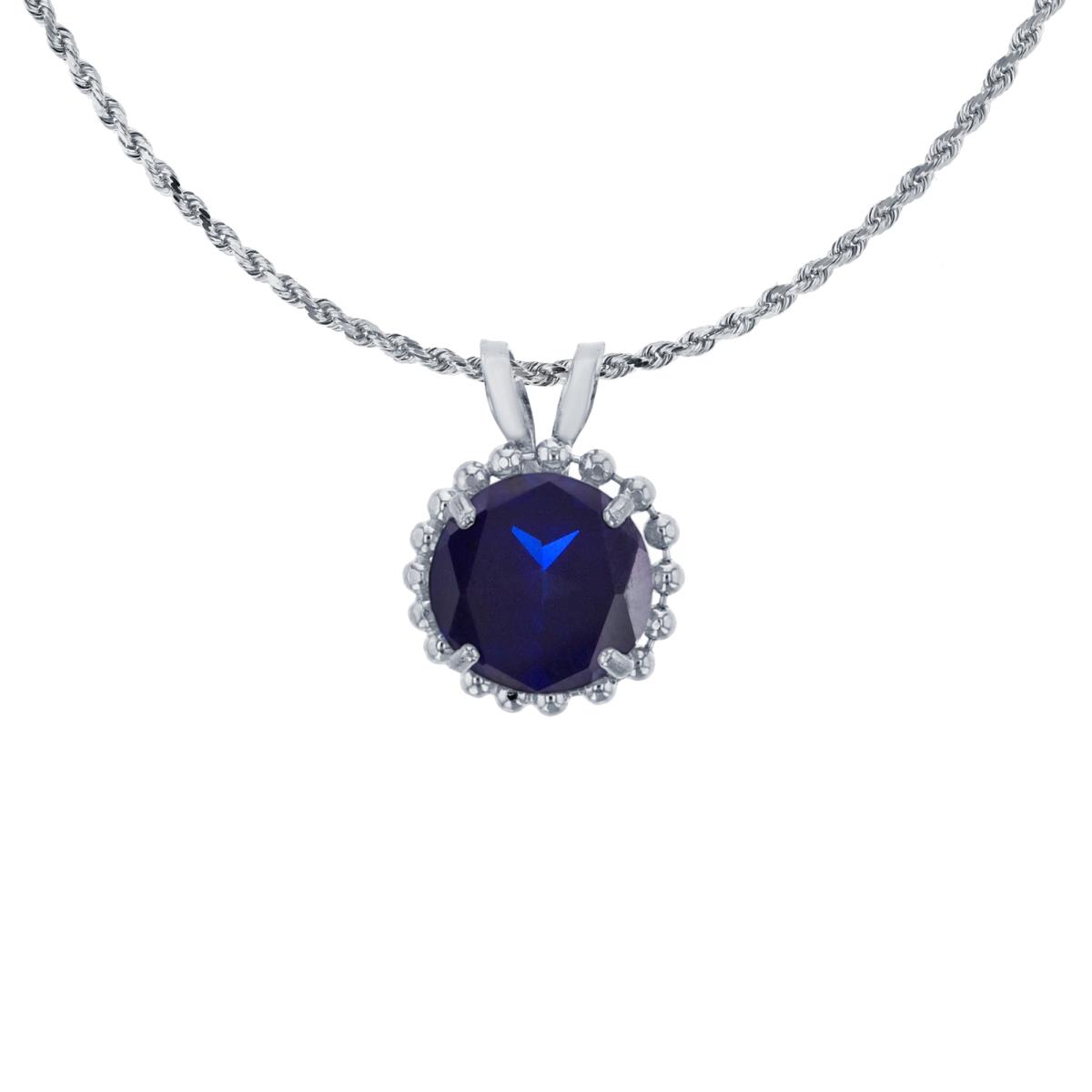 10K White Gold 6mm Rd Cut Created Blue Sapphire with Bead Frame Rabbit Ear 18" Necklace