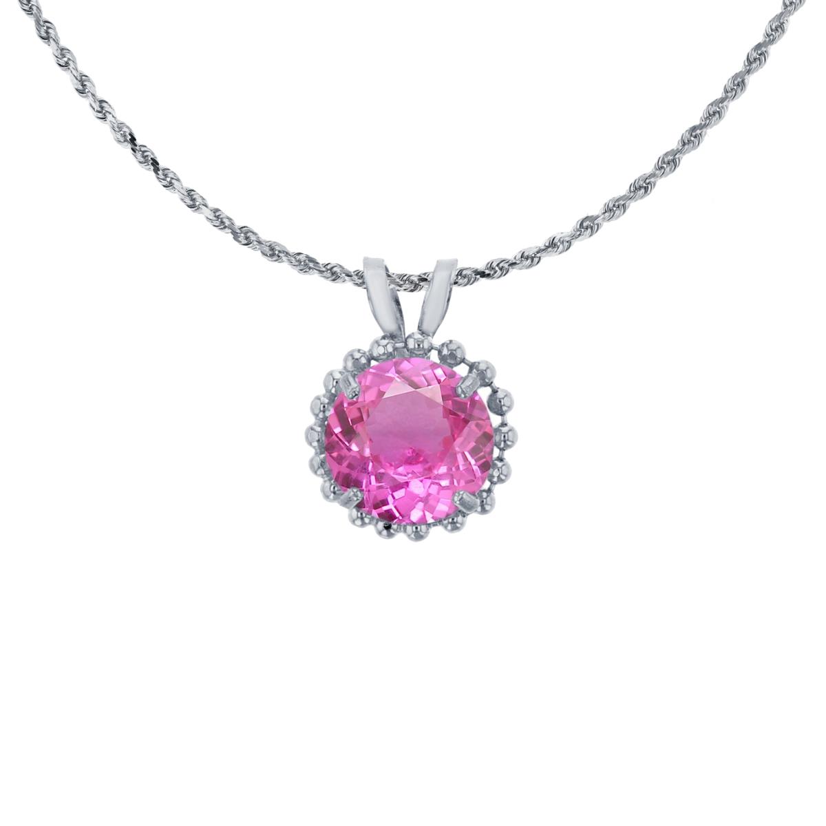 10K White Gold 6mm Rd Cut Created Pink Sapphire with Bead Frame Rabbit Ear 18" Necklace