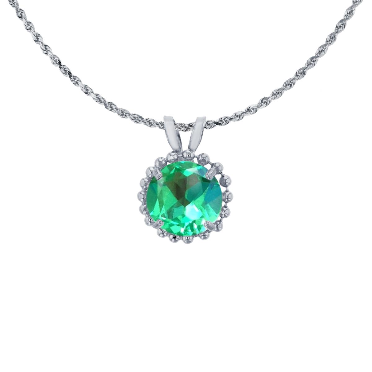 10K White Gold 6mm Rd Cut Created Green Sapphire with Bead Frame Rabbit Ear 18" Necklace