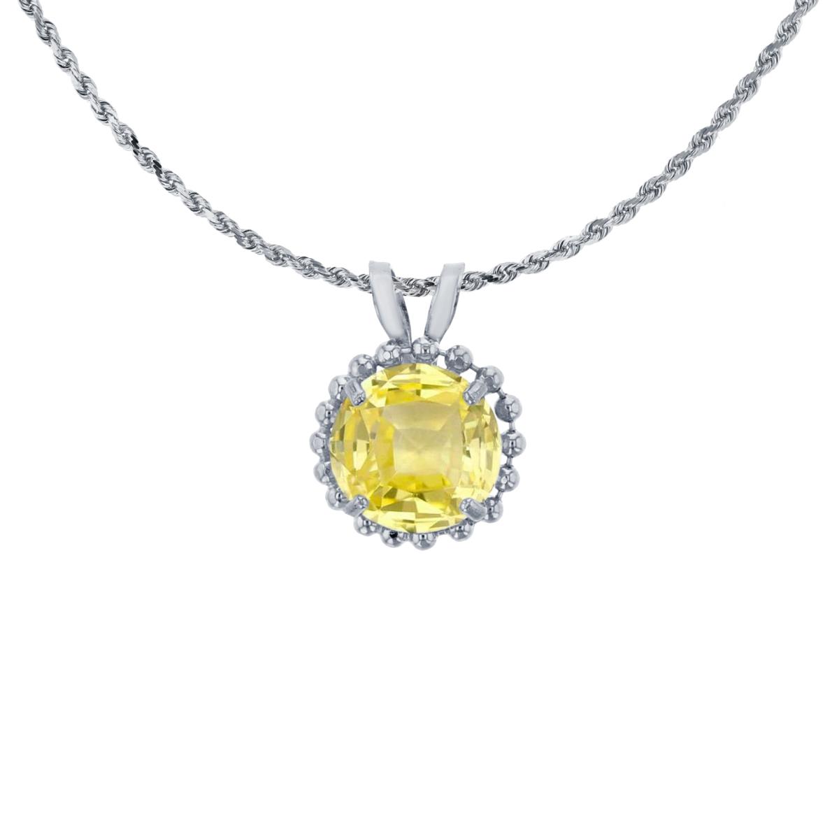 10K White Gold 6mm Rd Cut Created Yellow Sapphire with Bead Frame Rabbit Ear 18" Necklace