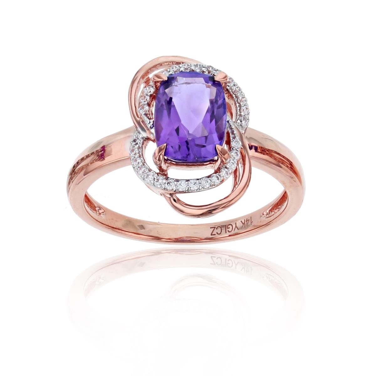 14K Rose Gold CZ Rnd Diamond & 8x6mm Cushion Amethyst Knot Ring