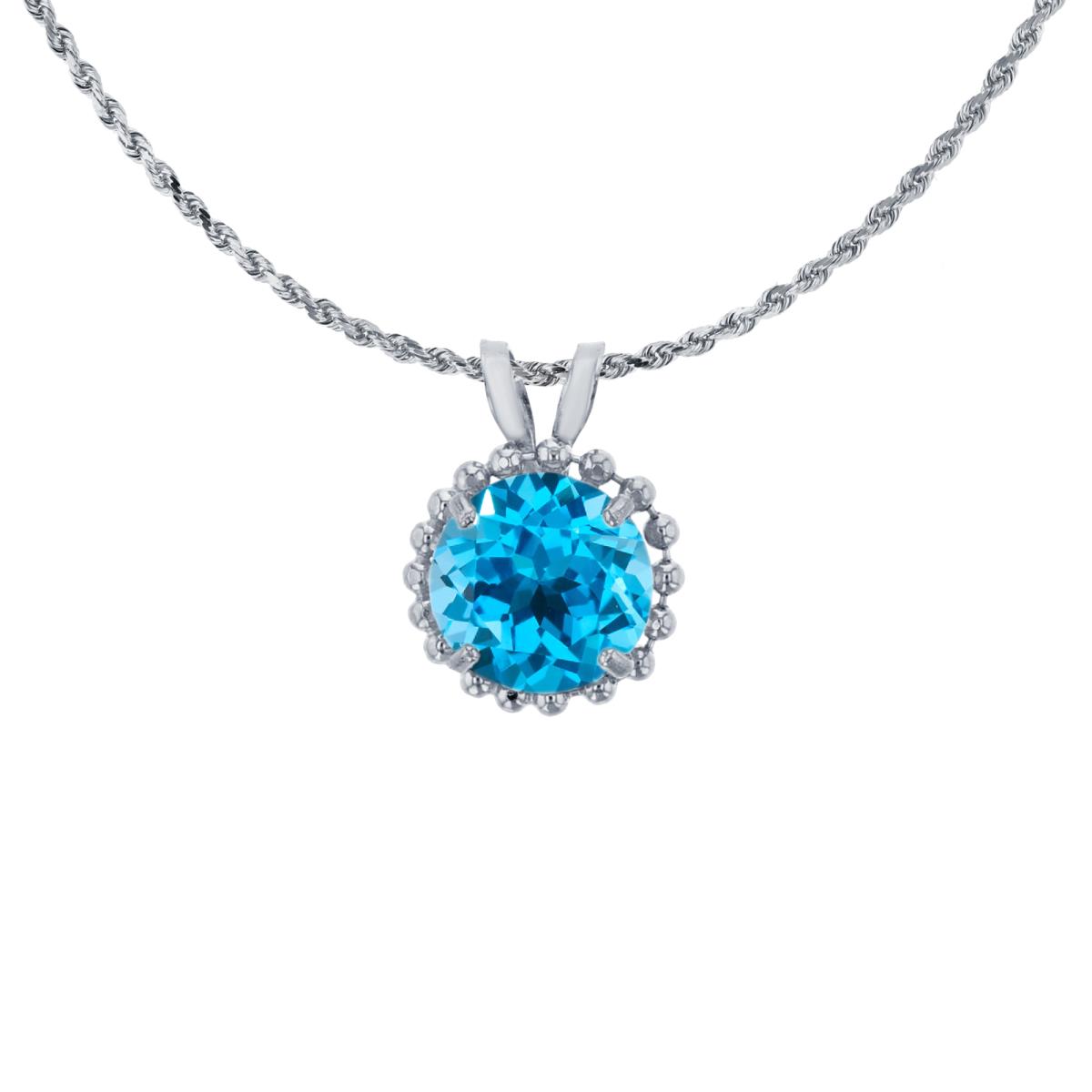 10K White Gold 6mm Rd Cut Swiss Blue Topaz with Bead Frame Rabbit Ear 18" Necklace