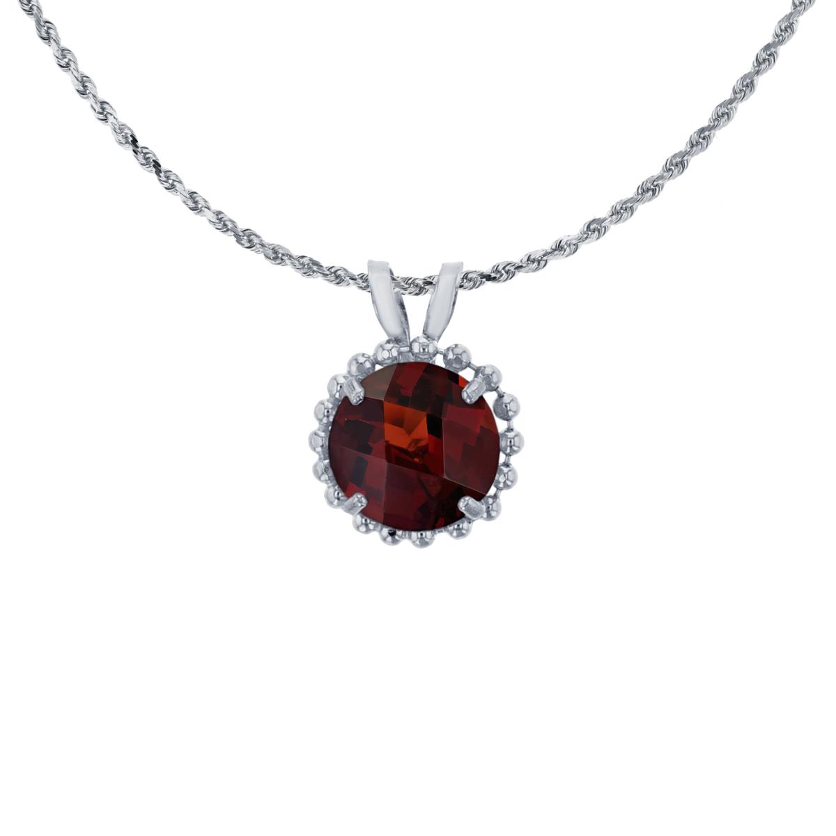 10K White Gold 6mm Rd Cut Garnet with Bead Frame Rabbit Ear 18" Necklace