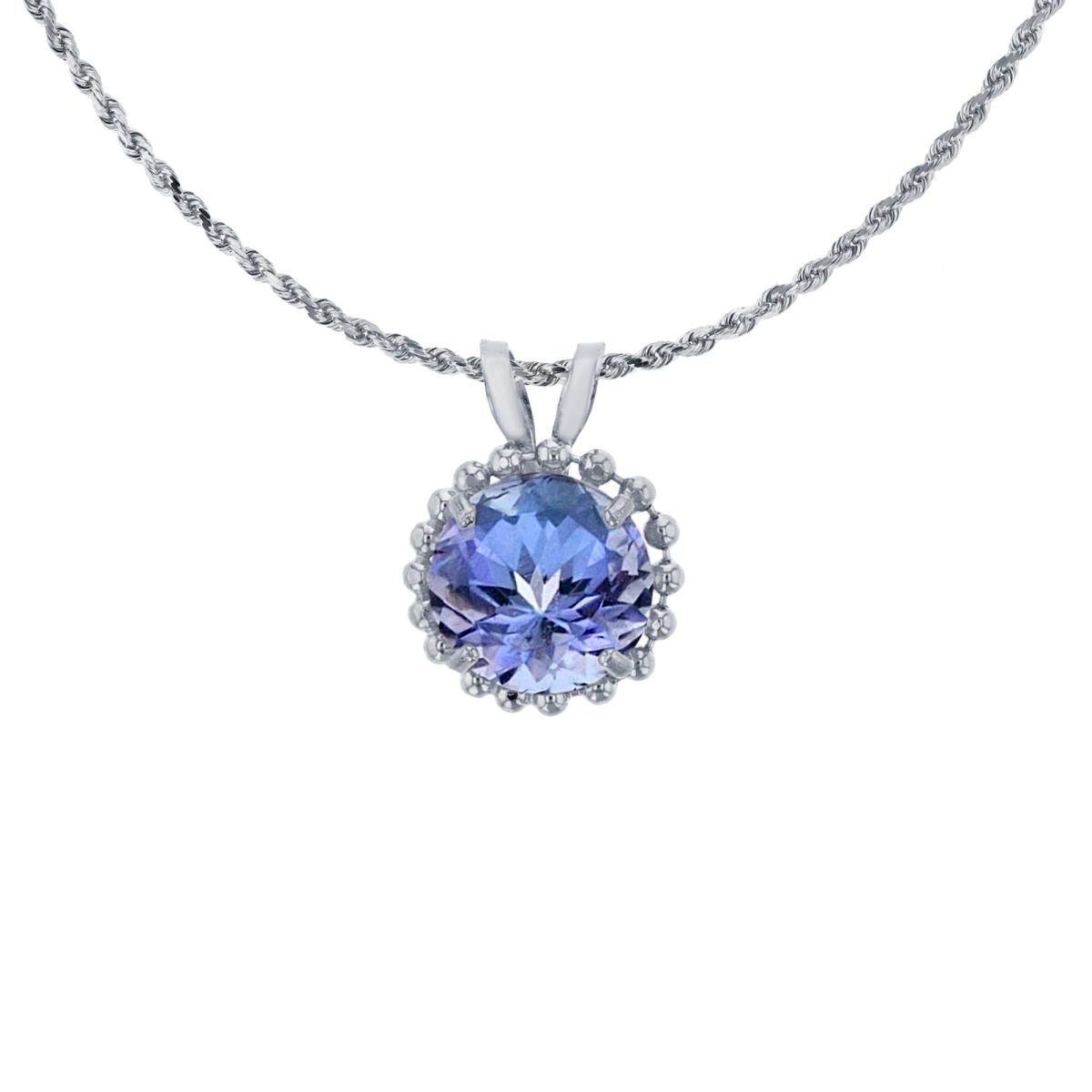 10K White Gold 6mm Rd Cut Tanzanite with Bead Frame Rabbit Ear 18" Necklace