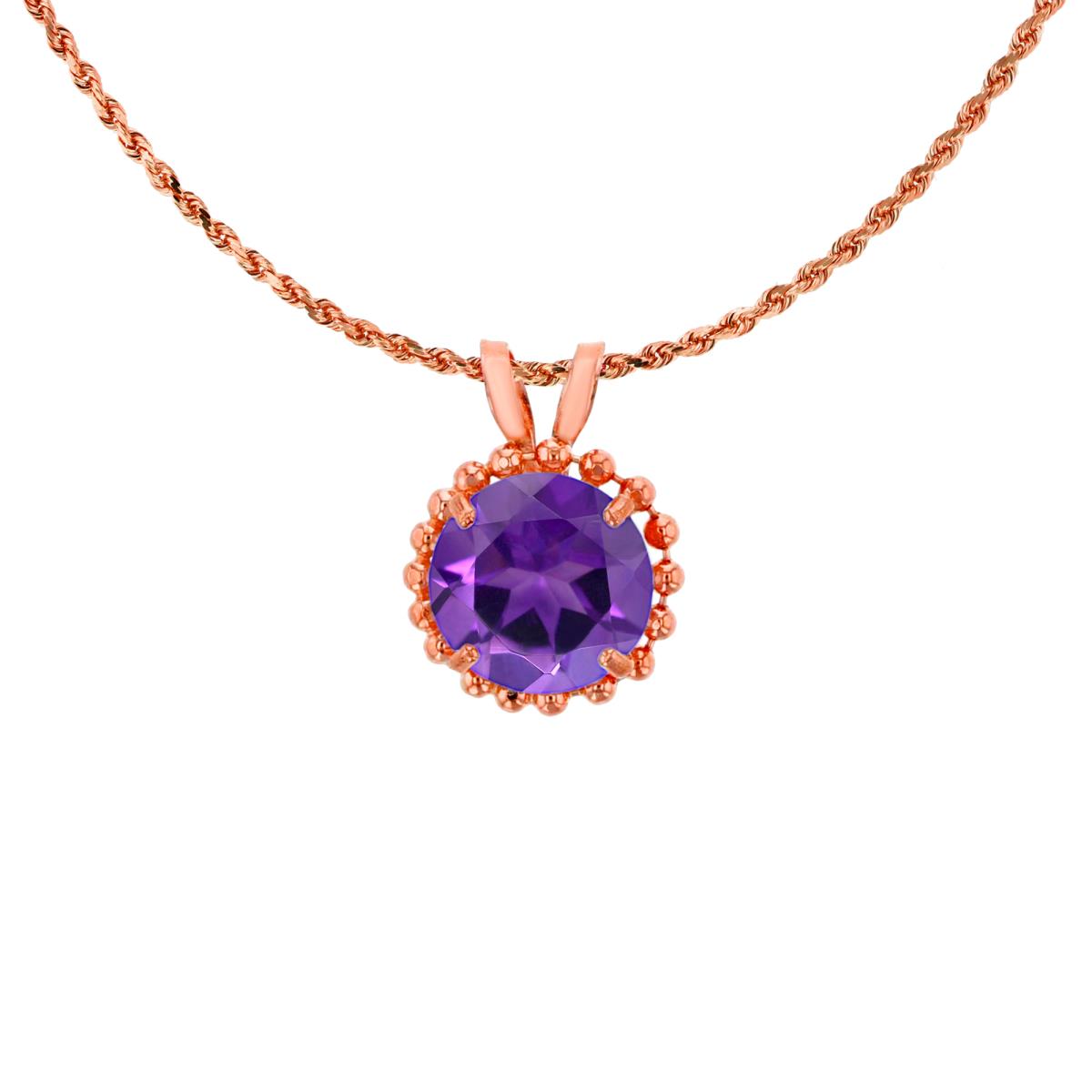 14K Rose Gold 6mm Rd Cut Amethyst with Bead Frame Rabbit Ear 18" Necklace