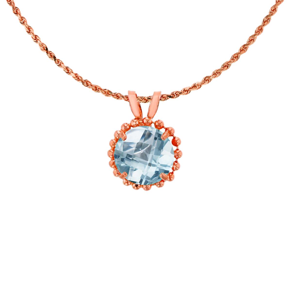 10K Rose Gold 6mm Rd Cut Aquamarine with Bead Frame Rabbit Ear 18" Necklace