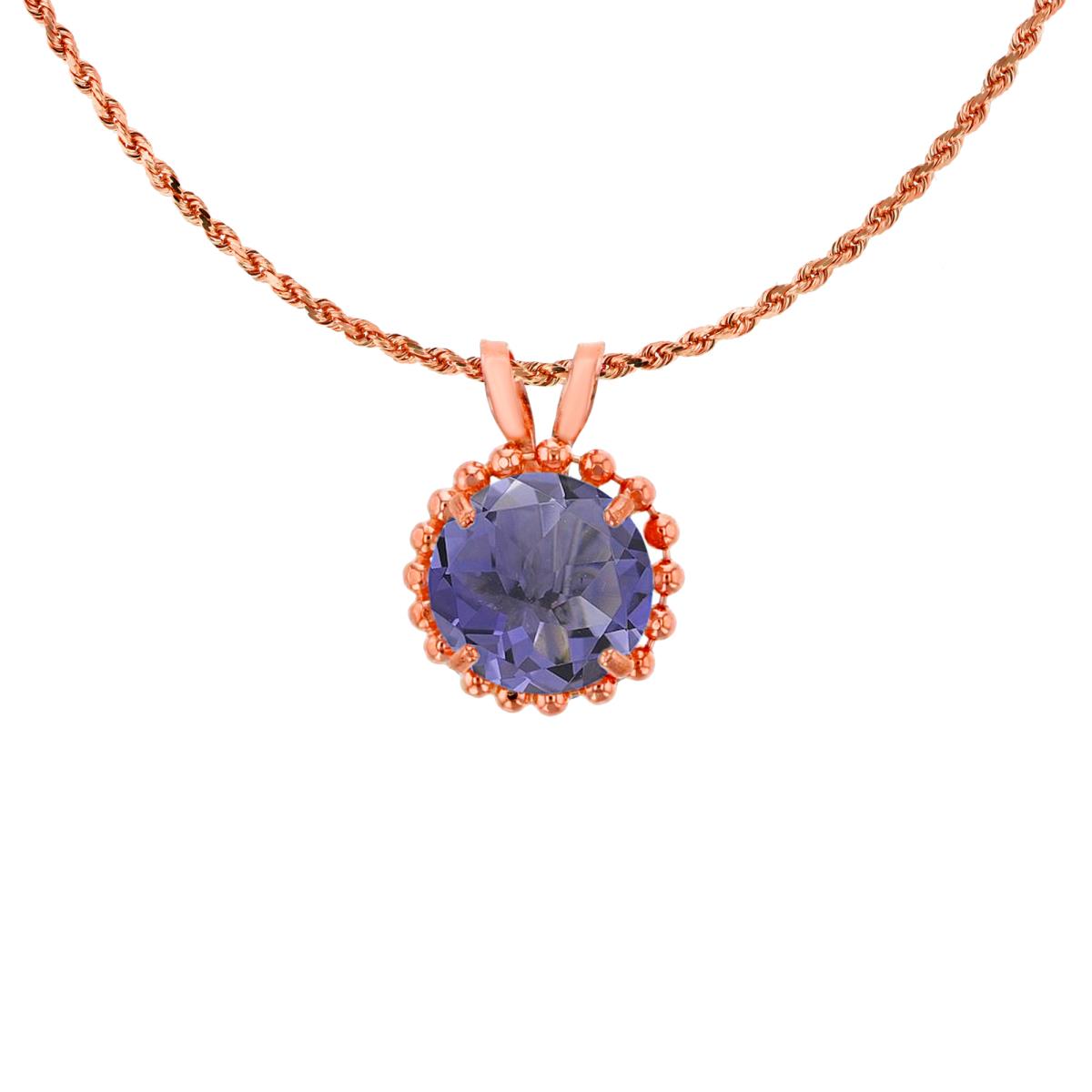 10K Rose Gold 6mm Rd Cut Iolite with Bead Frame Rabbit Ear 18" Necklace