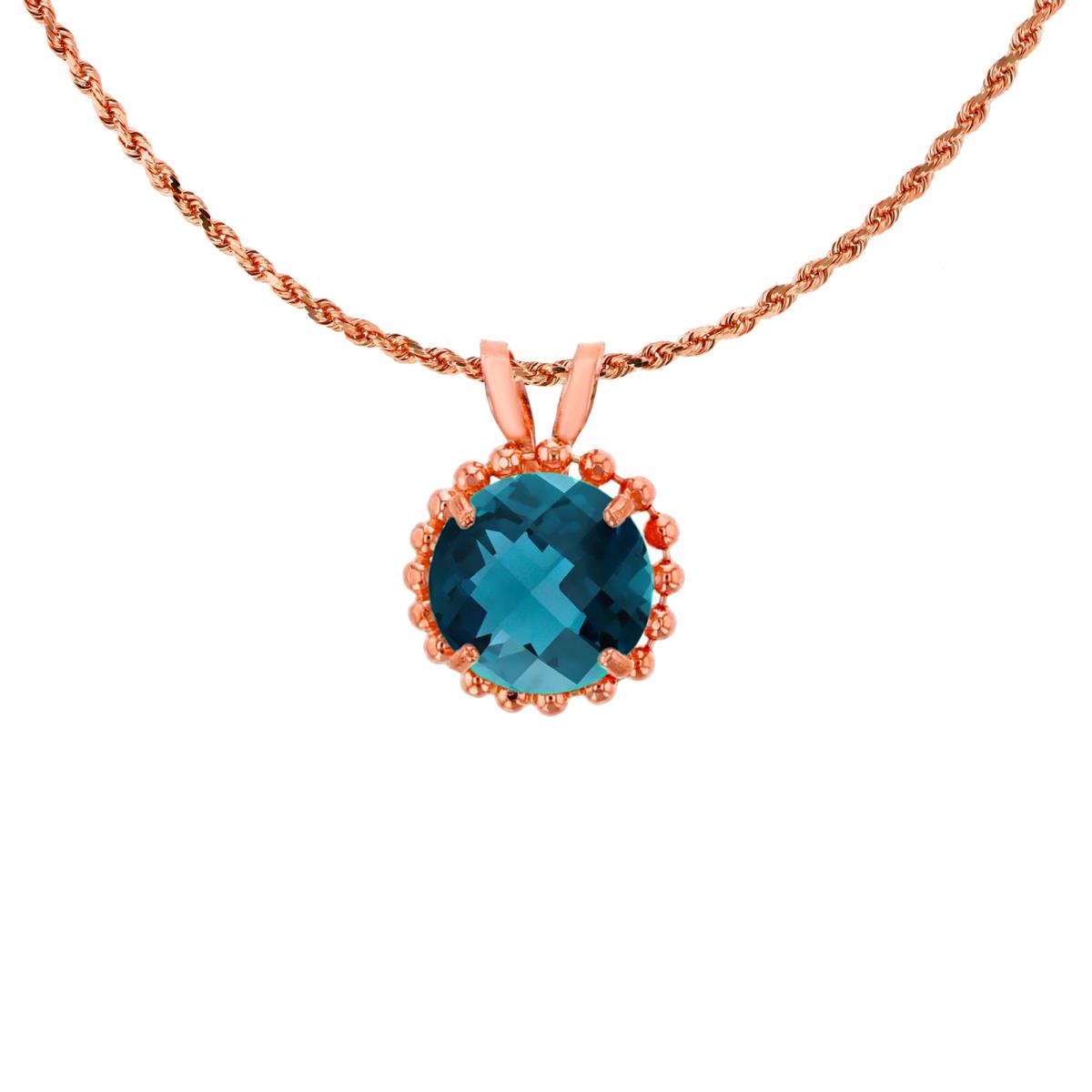 10K Rose Gold 6mm Rd Cut London Blue Topaz with Bead Frame Rabbit Ear 18" Necklace