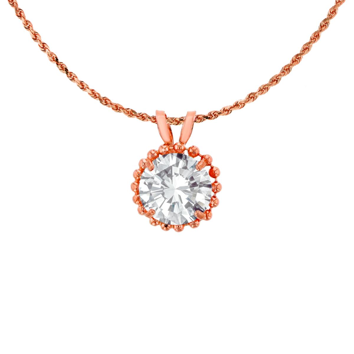 10K Rose Gold 6mm Rd Cut White Topaz with Bead Frame Rabbit Ear 18" Necklace