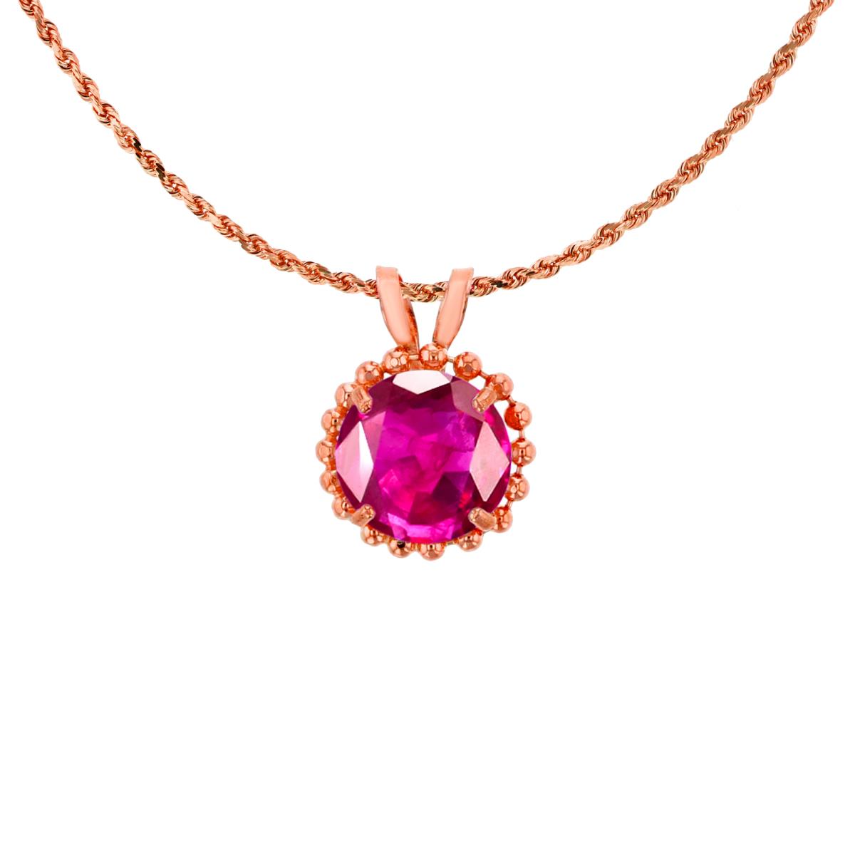 10K Rose Gold 6mm Rd Cut Glass Filled Ruby with Bead Frame Rabbit Ear 18" Necklace