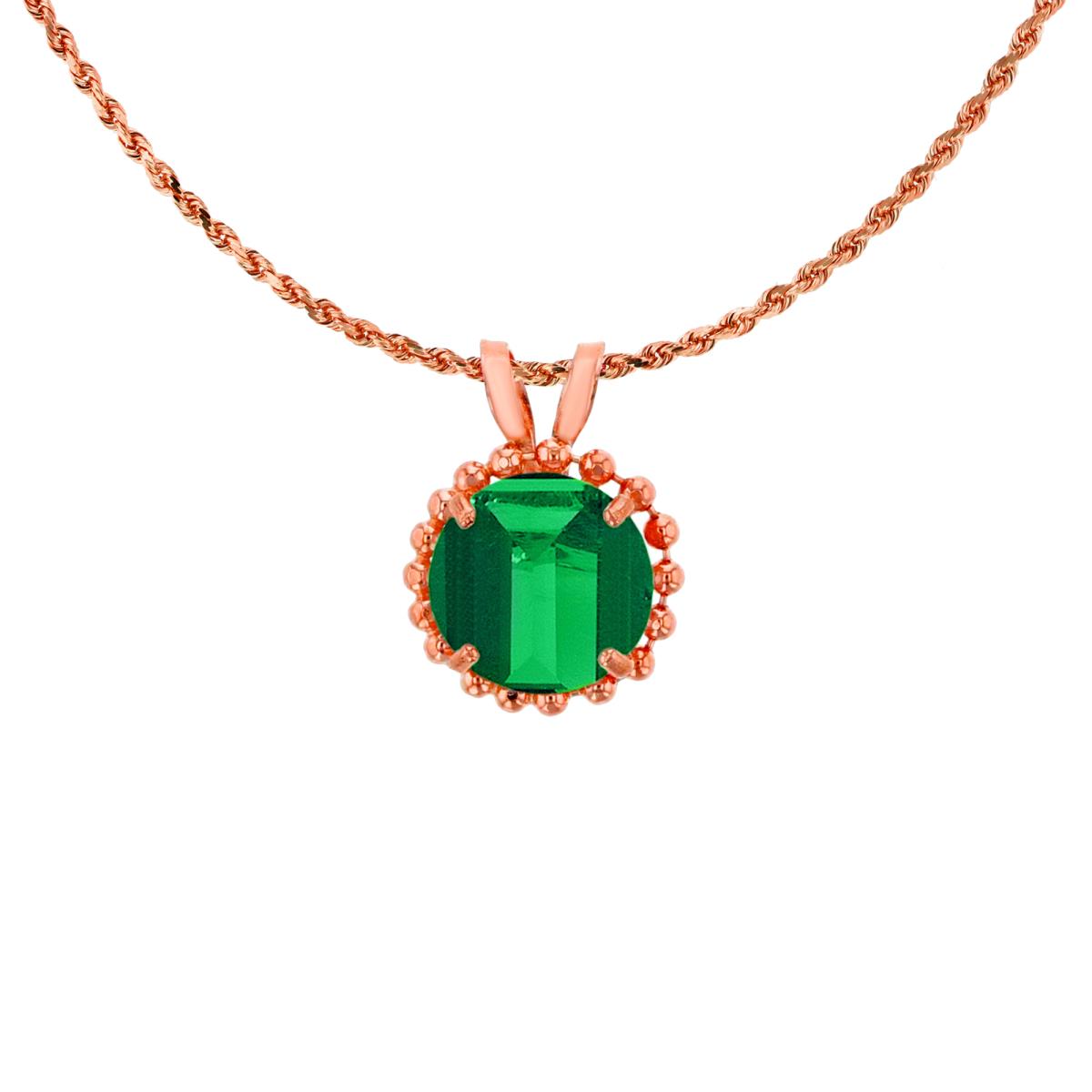 14K Rose Gold 6mm Rd Cut Created Emerald with Bead Frame Rabbit Ear 18" Necklace