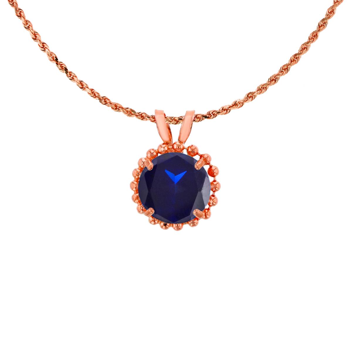 10K Rose Gold 6mm Rd Cut Created Blue Sapphire with Bead Frame Rabbit Ear 18" Necklace