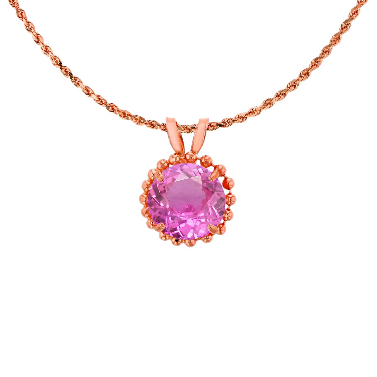 10K Rose Gold 6mm Rd Cut Created Pink Sapphire with Bead Frame Rabbit Ear 18" Necklace