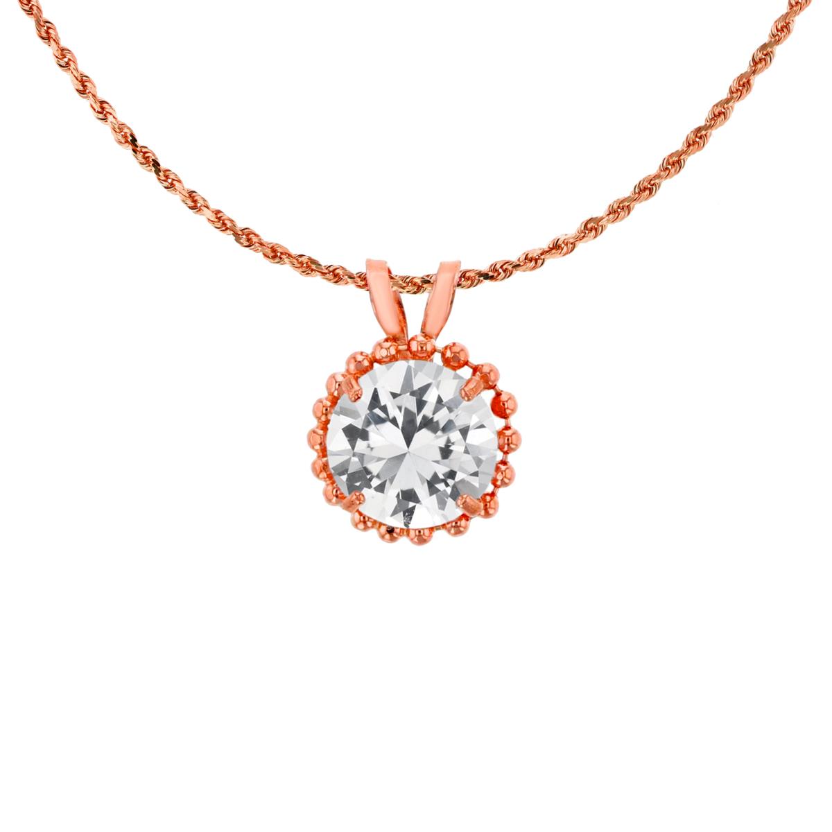 10K Rose Gold 6mm Rd Cut Created White Sapphire with Bead Frame Rabbit Ear 18" Necklace