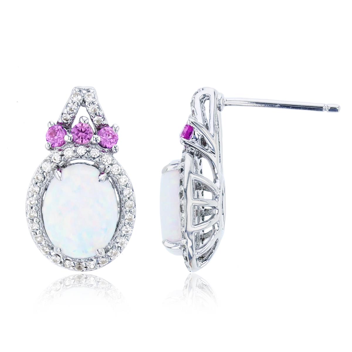 Sterling Silver Rhodium Ov Cr. Opal /Rnd Cr Pink & Cr White Sapphire OV-Stud Earring