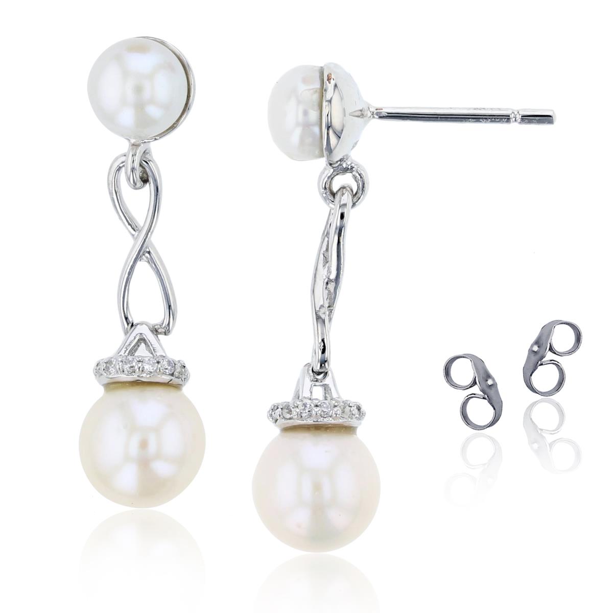 Sterling Silver Rhodium 0.08 CTTW Rnd Diam & Rnd /Button White Pearl Dangling Earring