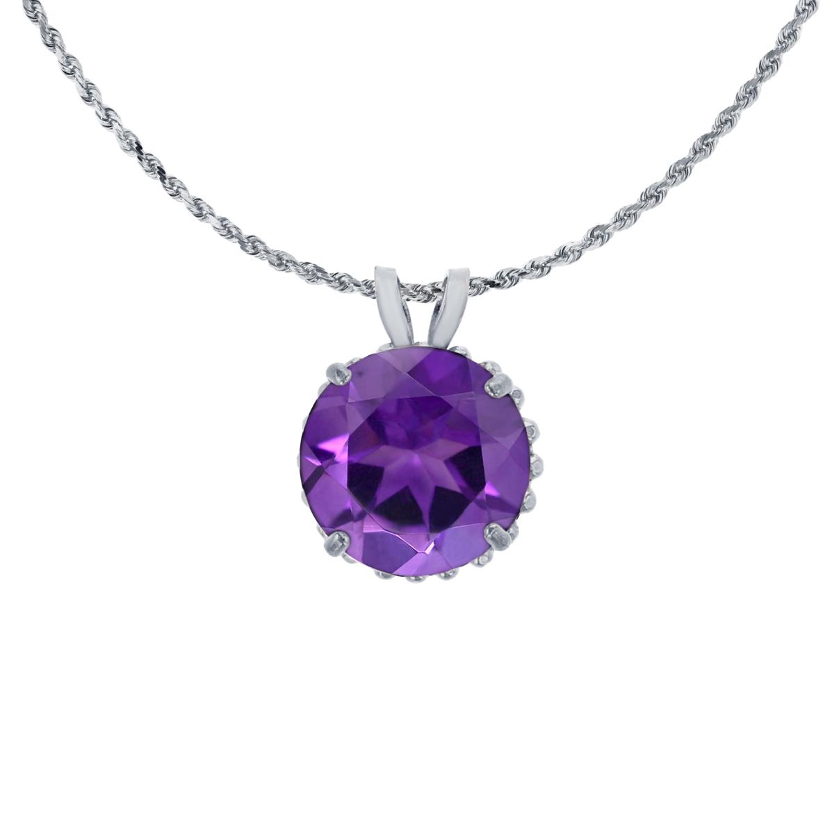 14K White Gold 7mm Rd Cut Amethyst with Bead Frame Rabbit Ear 18" Rope Chain Necklace