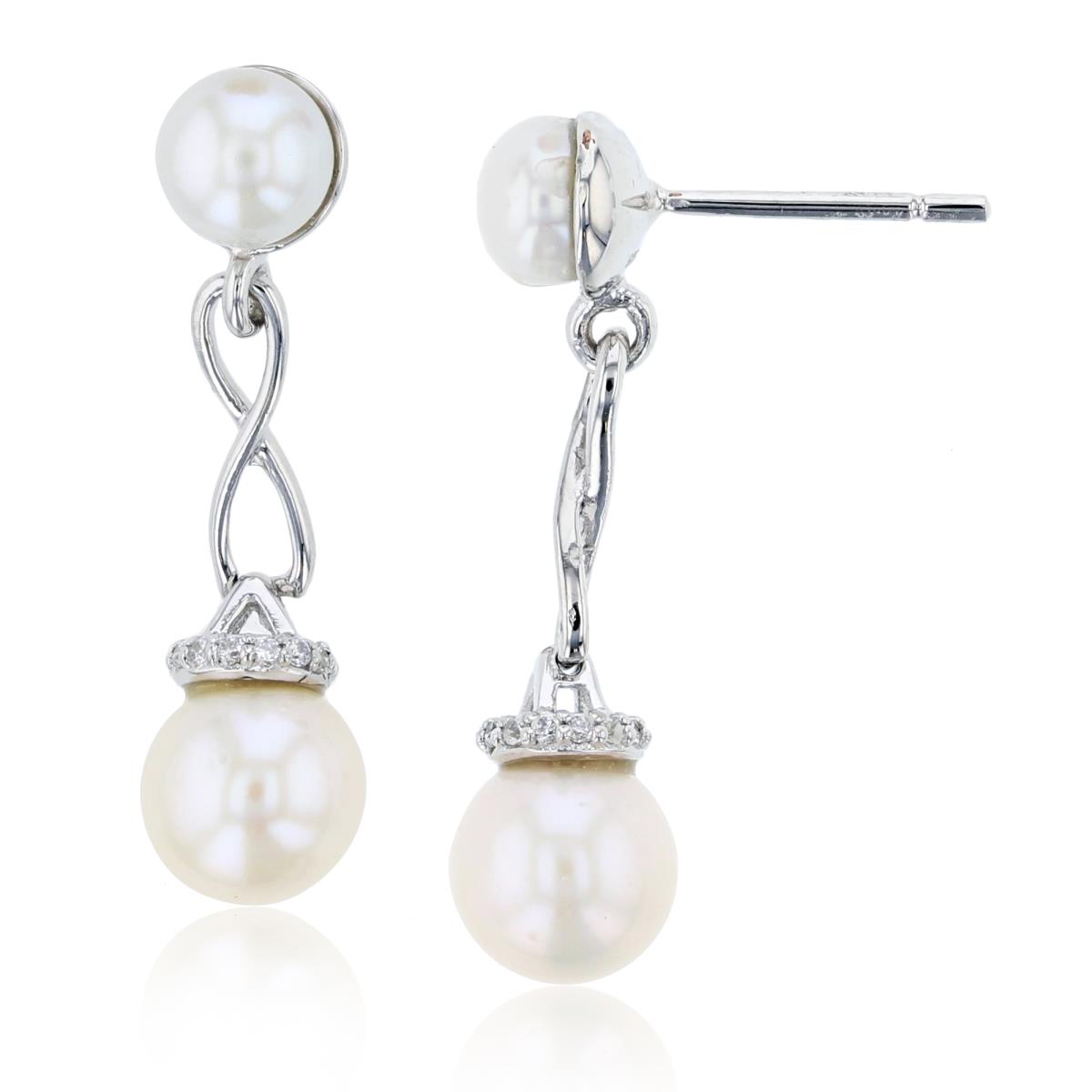 Sterling Silver Rhodium CZ Rnd & Rnd /Button White Pearl Dangling Earring