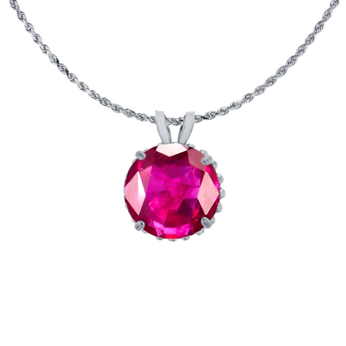 14K White Gold 7mm Rd Cut Created Ruby with Bead Frame Rabbit Ear 18" Rope Chain Necklace