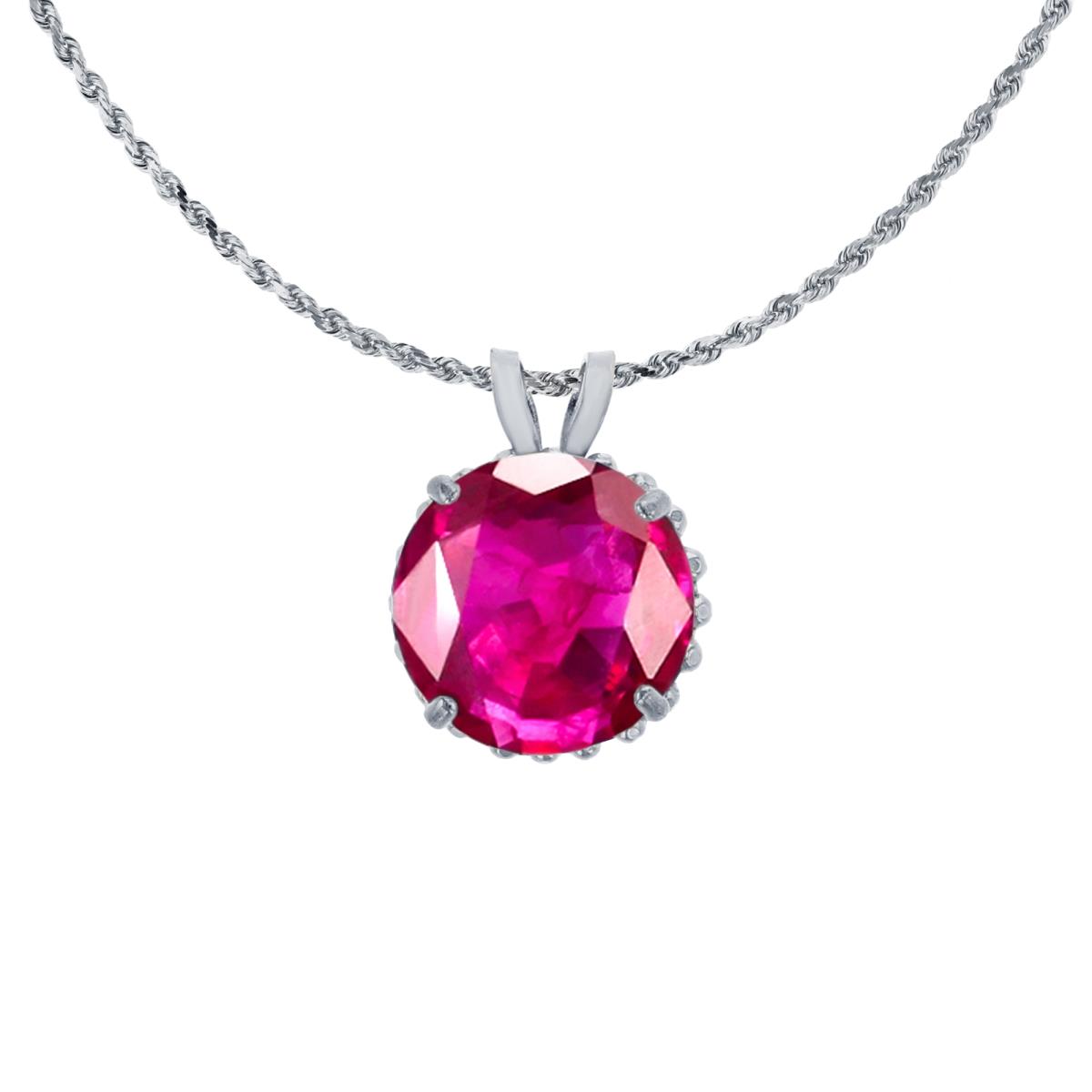 10K White Gold 7mm Rd Cut Glass Filled Ruby with Bead Frame Rabbit Ear 18" Rope Chain Necklace