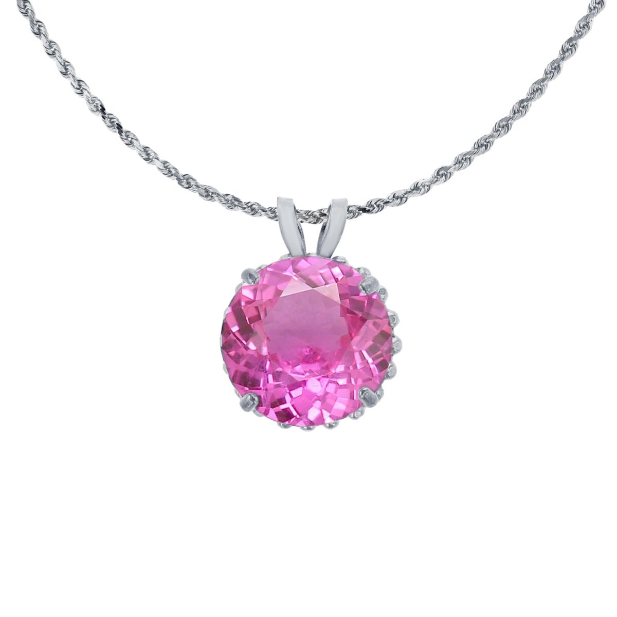 10K White Gold 7mm Rd Cut Created Pink Sapphire with Bead Frame Rabbit Ear 18" Rope Chain Necklace