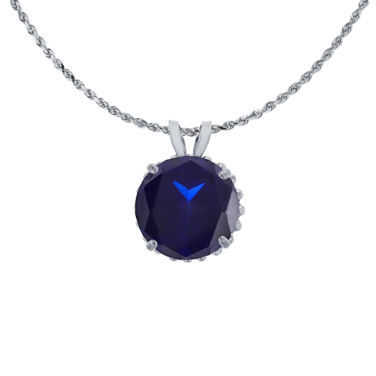 10K White Gold 7mm Rd Cut Created Blue Sapphire with Bead Frame Rabbit Ear 18" Rope Chain Necklace