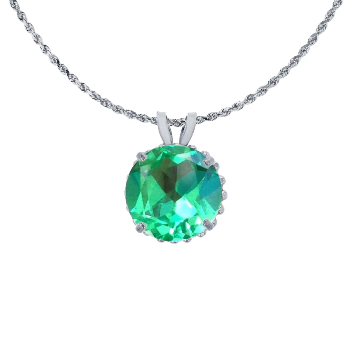 10K White Gold 7mm Rd Cut Created Green Sapphire with Bead Frame Rabbit Ear 18" Rope Chain Necklace