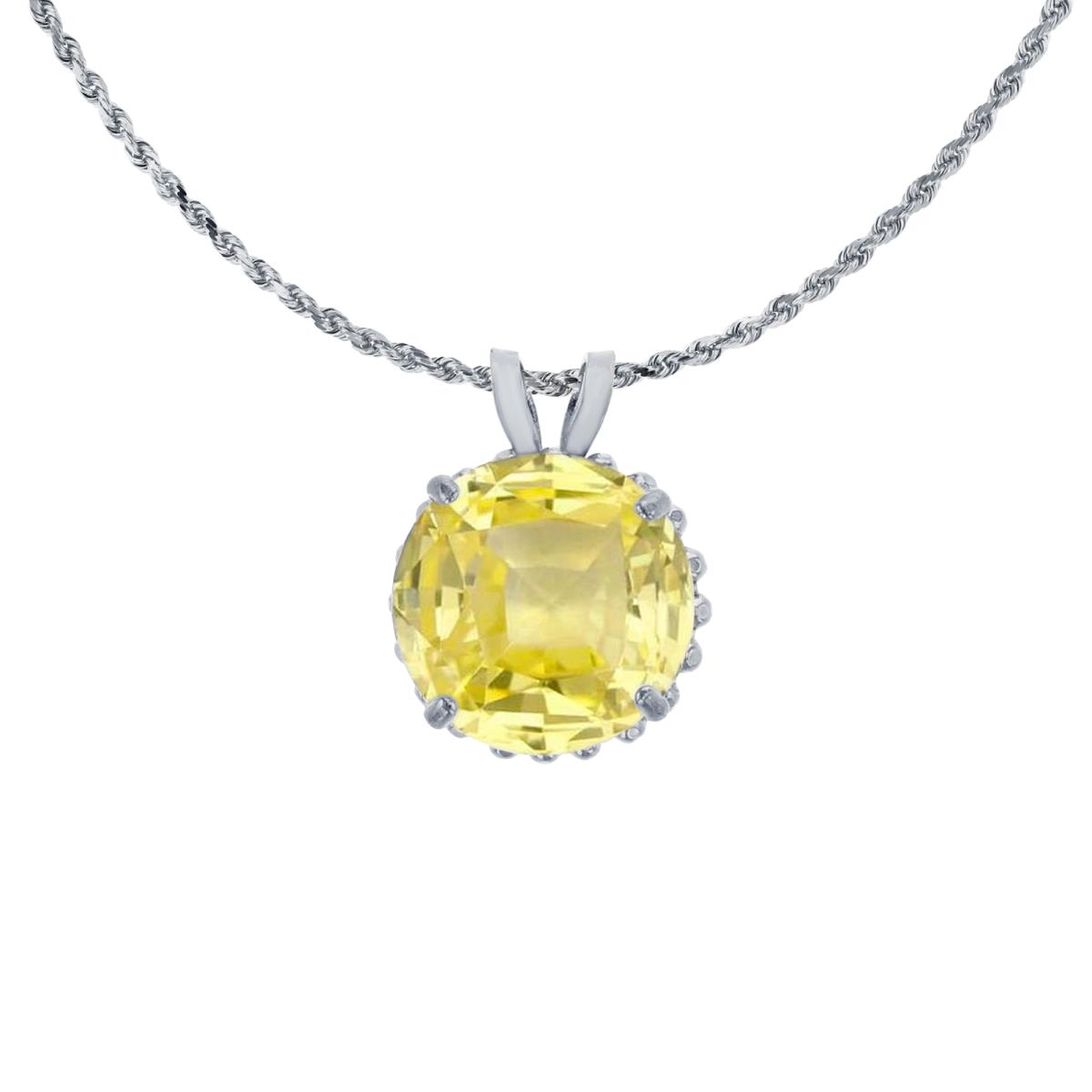 10K White Gold 7mm Rd Cut Created Yellow Sapphire with Bead Frame Rabbit Ear 18" Rope Chain Necklace