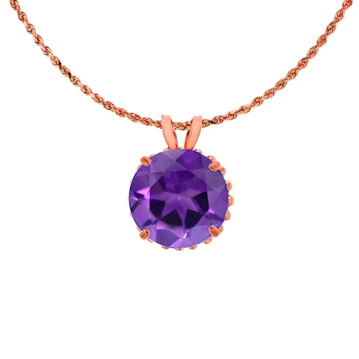 14K Rose Gold 7mm Rd Cut Amethyst with Bead Frame Rabbit Ear 18" Rope Chain Necklace