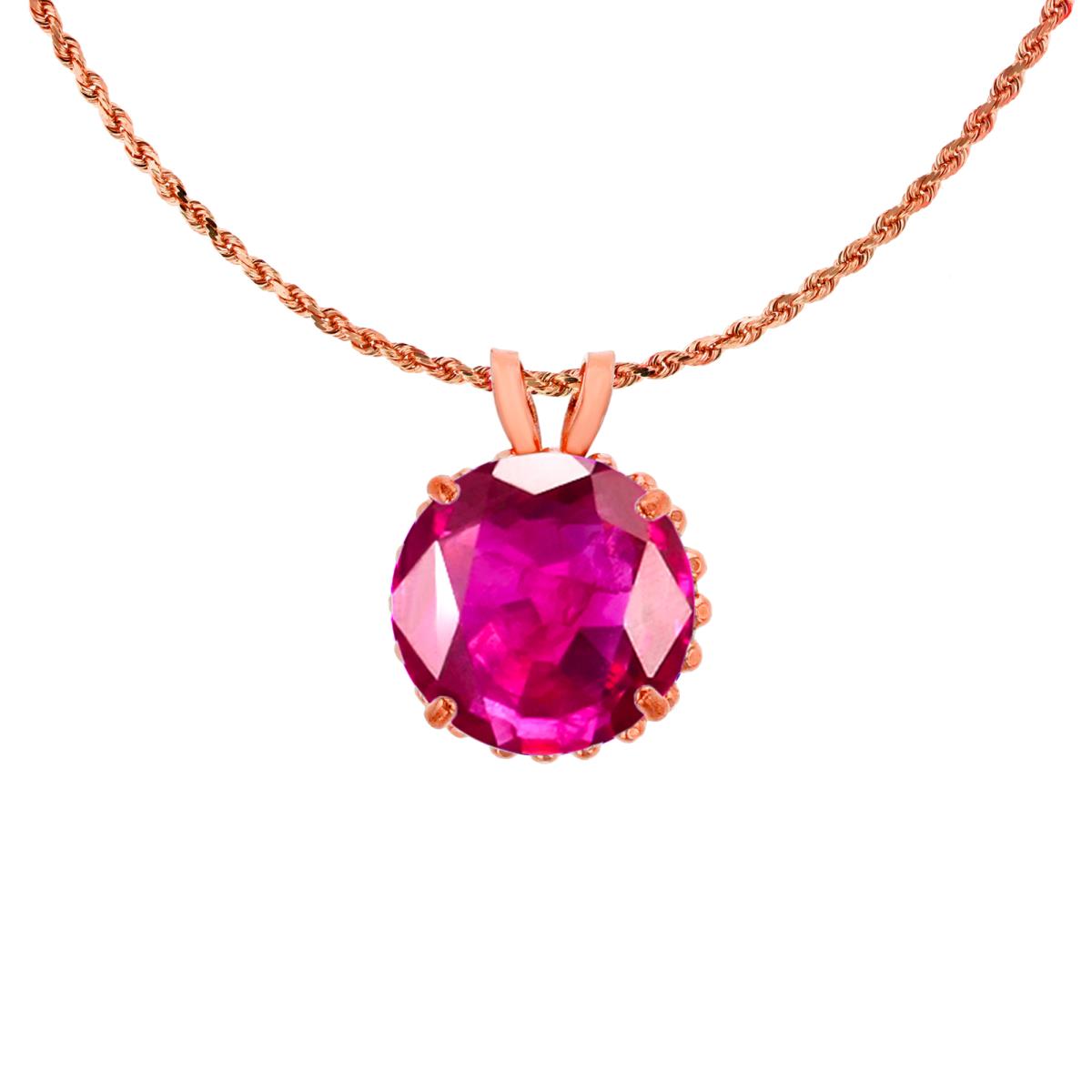 14K Rose Gold 7mm Rd Cut Created Ruby with Bead Frame Rabbit Ear 18" Rope Chain Necklace