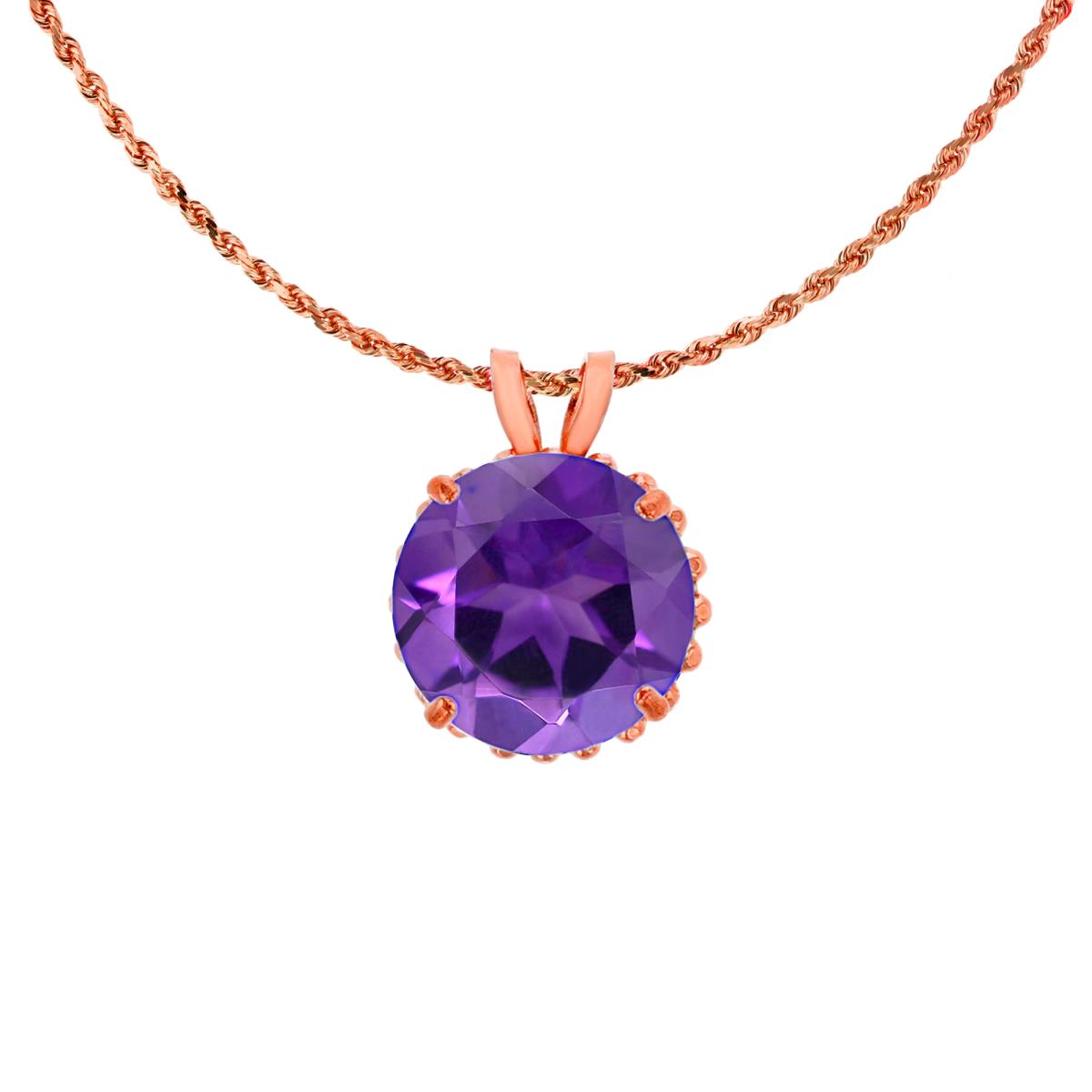 10K Rose Gold 7mm Rd Cut Amethyst with Bead Frame Rabbit Ear 18" Rope Chain Necklace