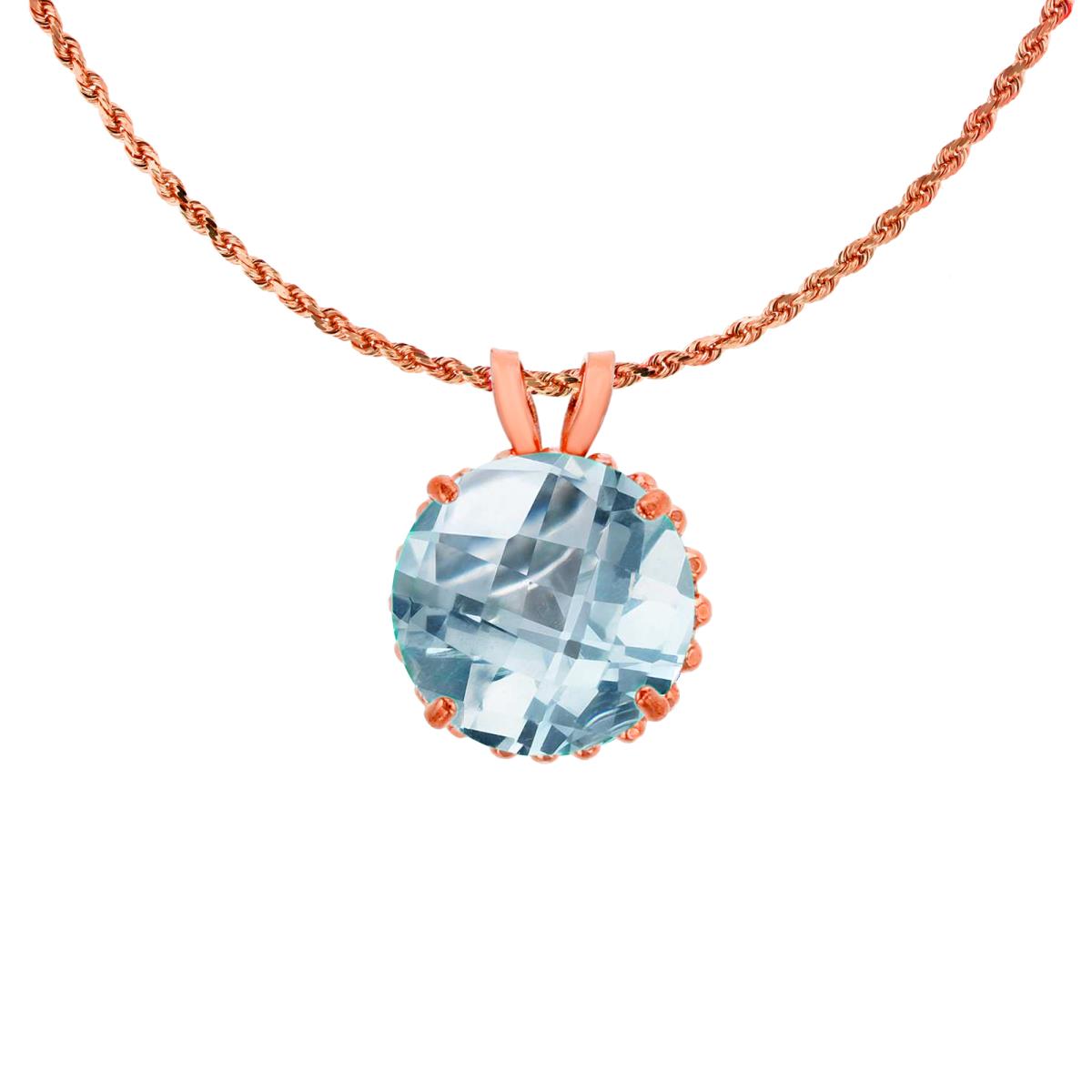10K Rose Gold 7mm Rd Cut Aquamarine with Bead Frame Rabbit Ear 18" Rope Chain Necklace