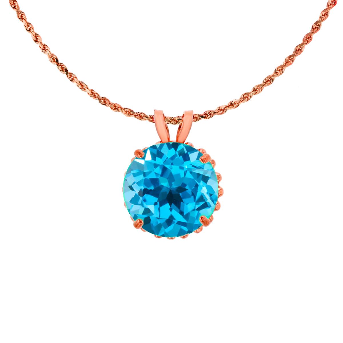 10K Rose Gold 7mm Rd Cut Swiss Blue Topaz with Bead Frame Rabbit Ear 18" Rope Chain Necklace