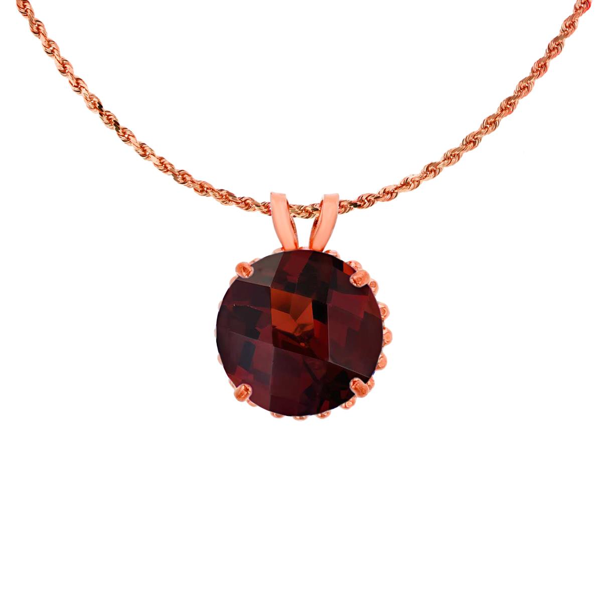 10K Rose Gold 7mm Rd Cut Garnet with Bead Frame Rabbit Ear 18" Rope Chain Necklace