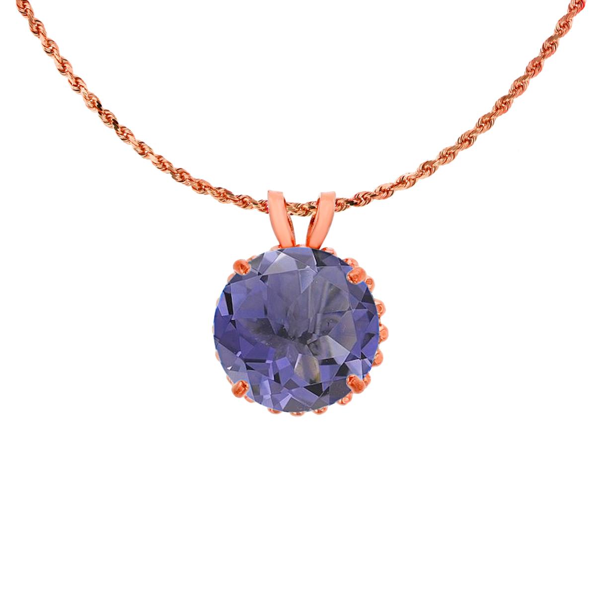 10K Rose Gold 7mm Rd Cut Iolite with Bead Frame Rabbit Ear 18" Rope Chain Necklace