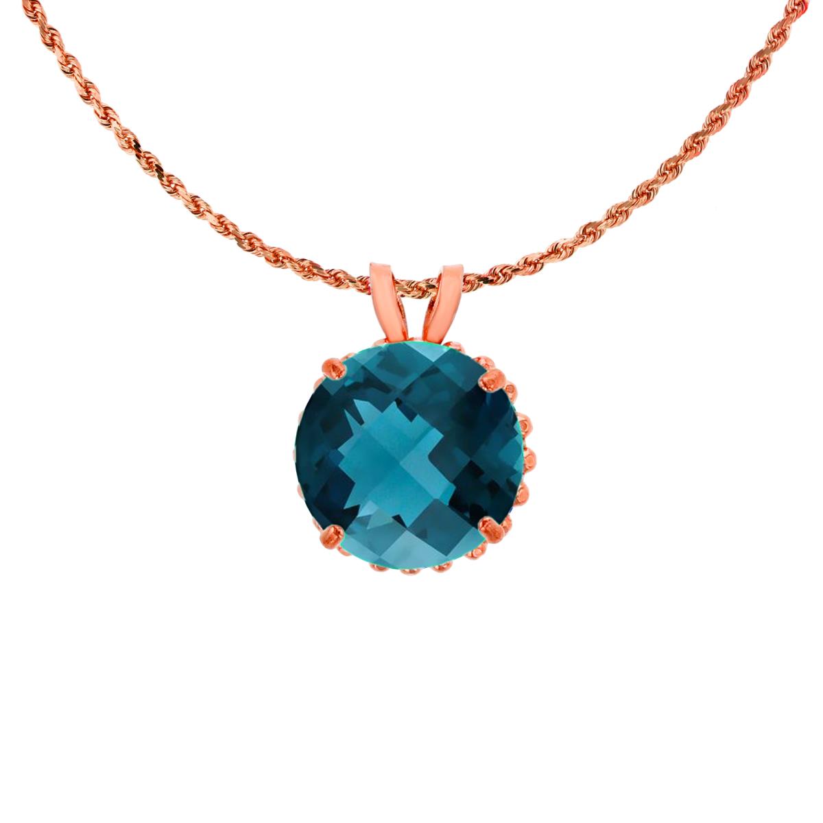 10K Rose Gold 7mm Rd Cut London Blue Topaz with Bead Frame Rabbit Ear 18" Rope Chain Necklace