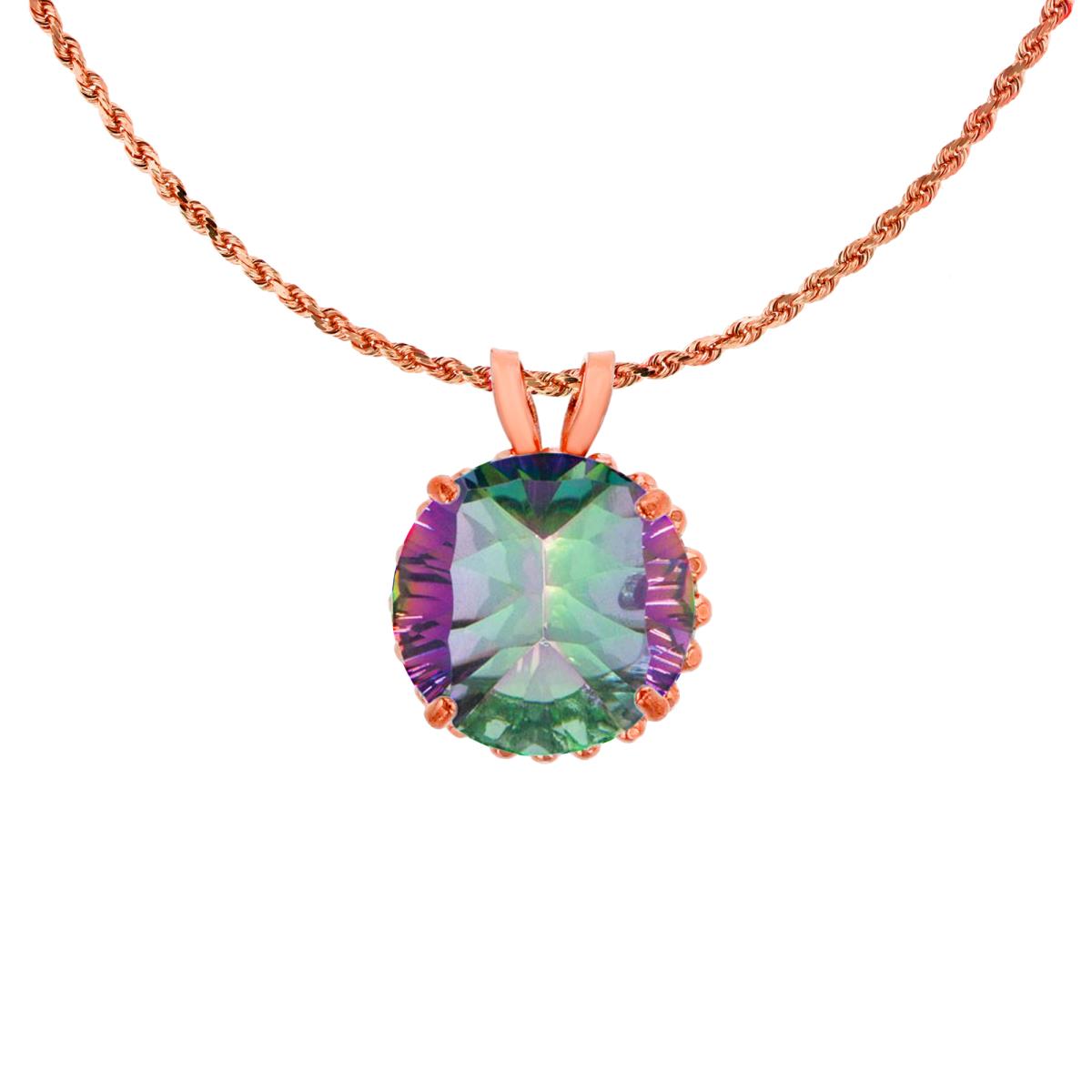 10K Rose Gold 7mm Rd Cut Mystic Green Quartz with Bead Frame Rabbit Ear 18" Rope Chain Necklace