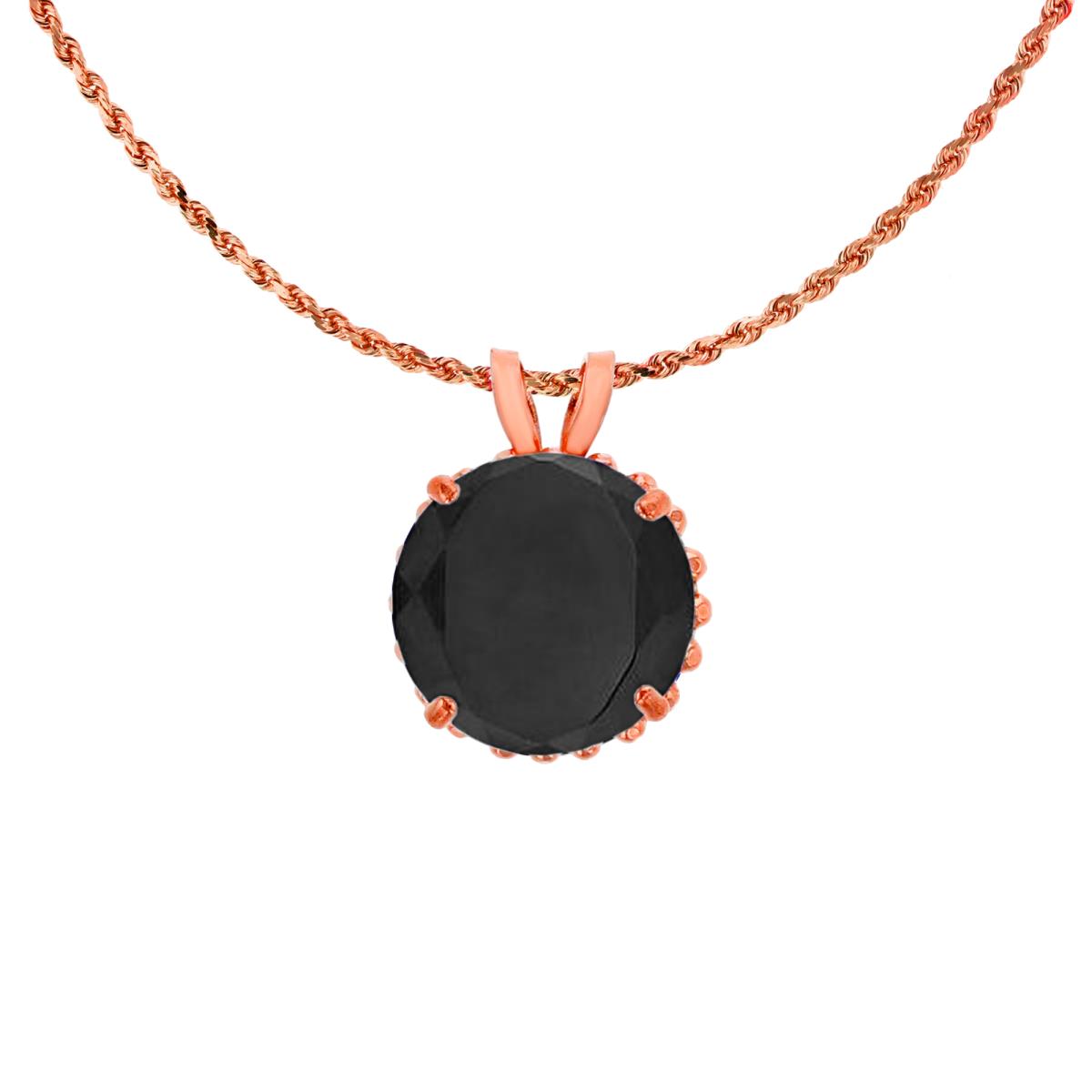 10K Rose Gold 7mm Rd Cut Onyx with Bead Frame Rabbit Ear 18" Rope Chain Necklace