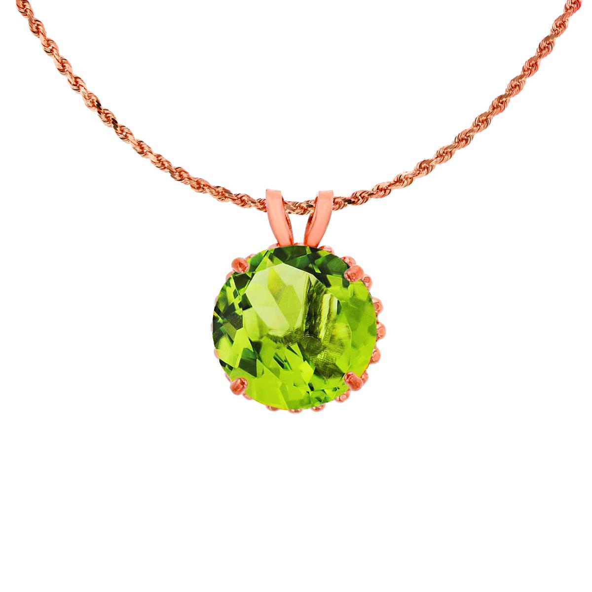 10K Rose Gold 7mm Rd Cut Peridot with Bead Frame Rabbit Ear 18" Rope Chain Necklace