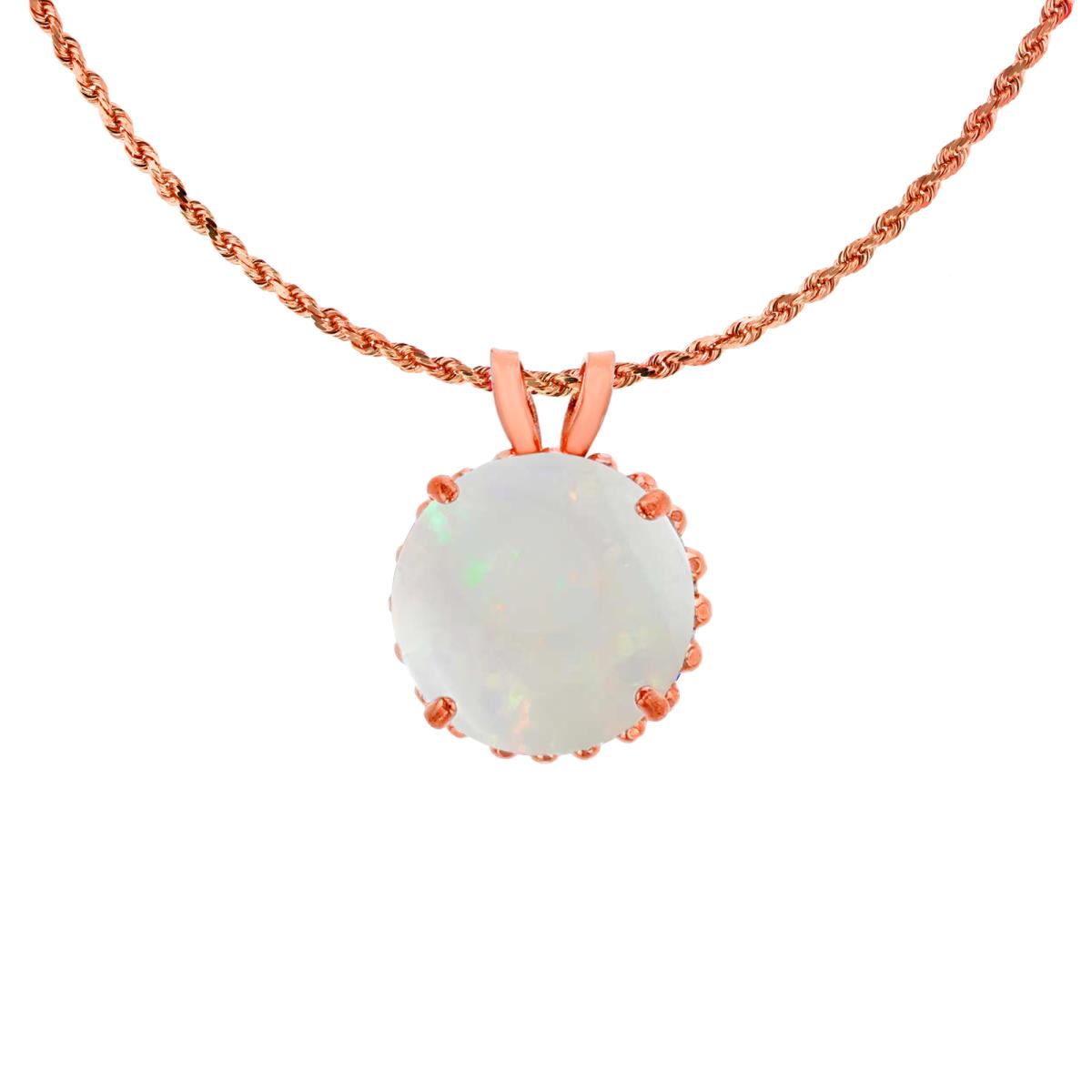 10K Rose Gold 7mm Rd Cut Opal with Bead Frame Rabbit Ear 18" Rope Chain Necklace