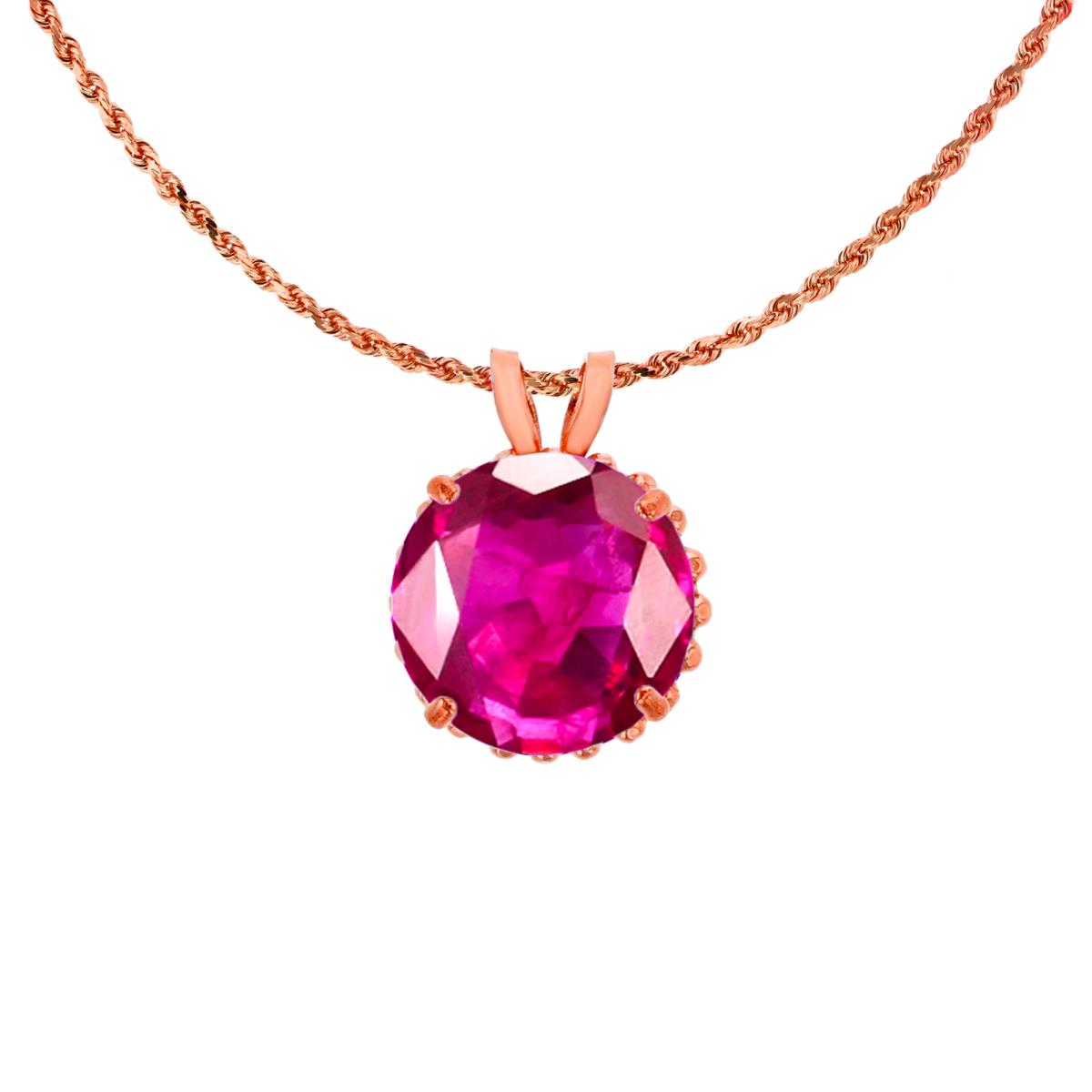 10K Rose Gold 7mm Rd Cut Created Ruby with Bead Frame Rabbit Ear 18" Rope Chain Necklace