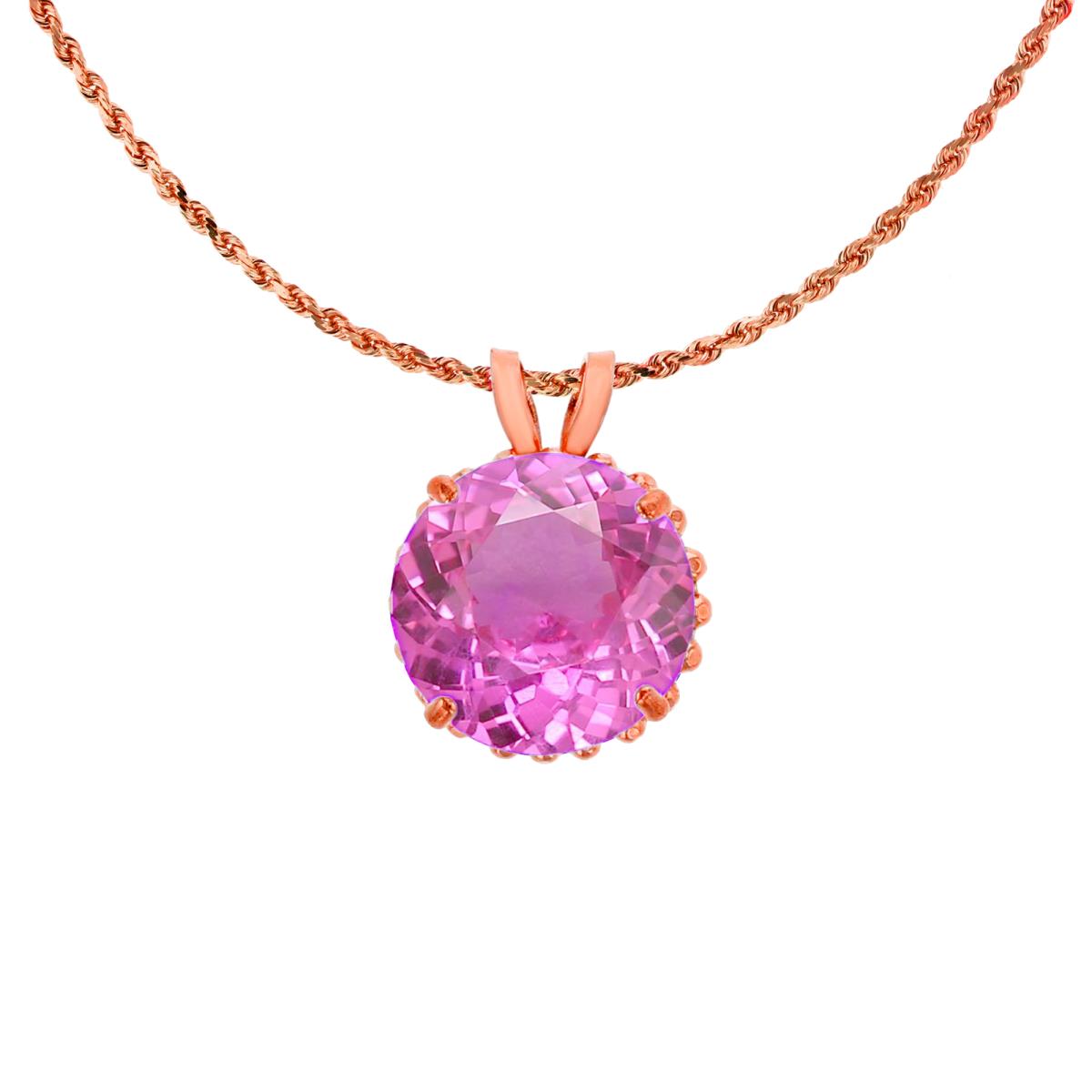 10K Rose Gold 7mm Rd Cut Created Pink Sapphire with Bead Frame Rabbit Ear 18" Rope Chain Necklace