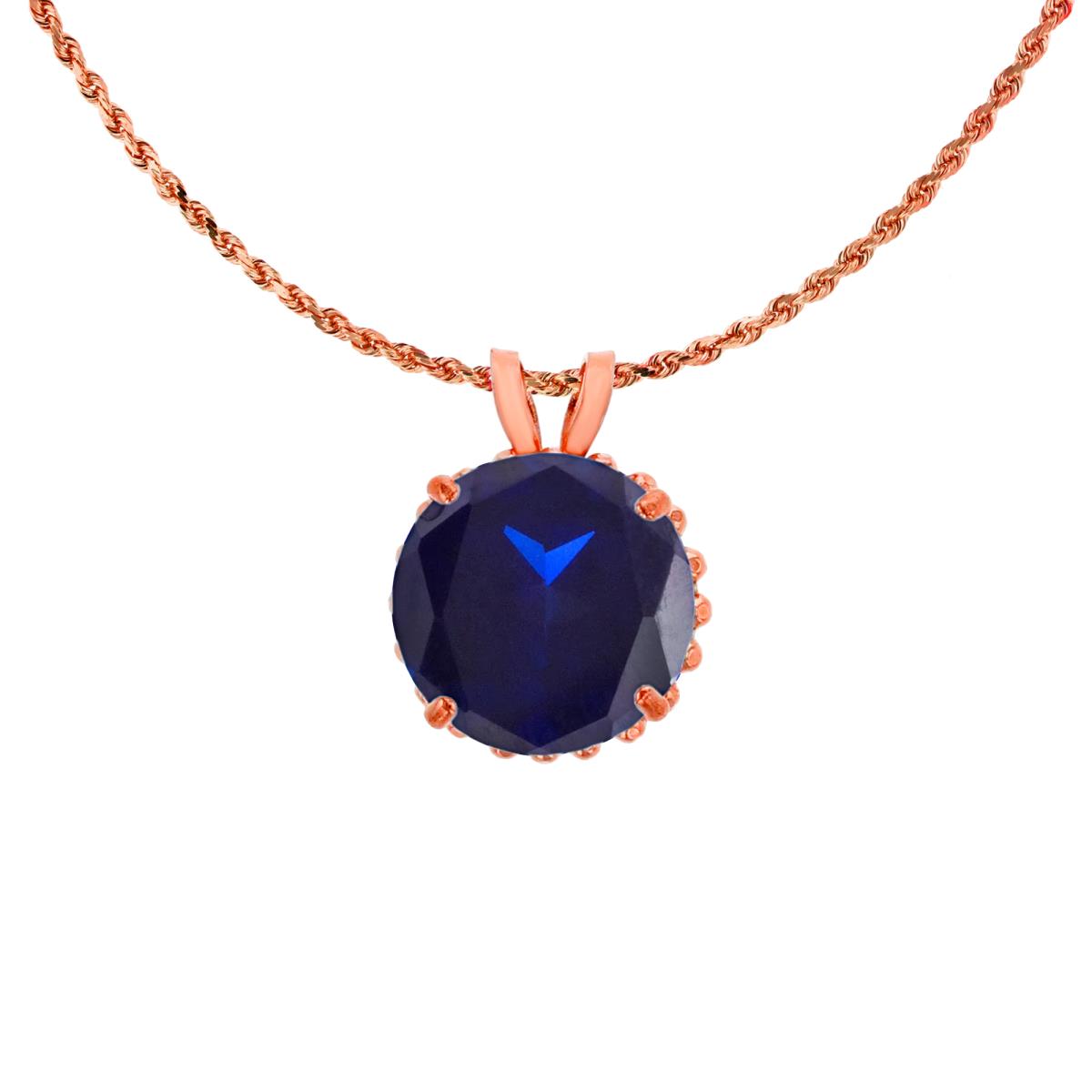 10K Rose Gold 7mm Rd Cut Created Blue Sapphire with Bead Frame Rabbit Ear 18" Rope Chain Necklace