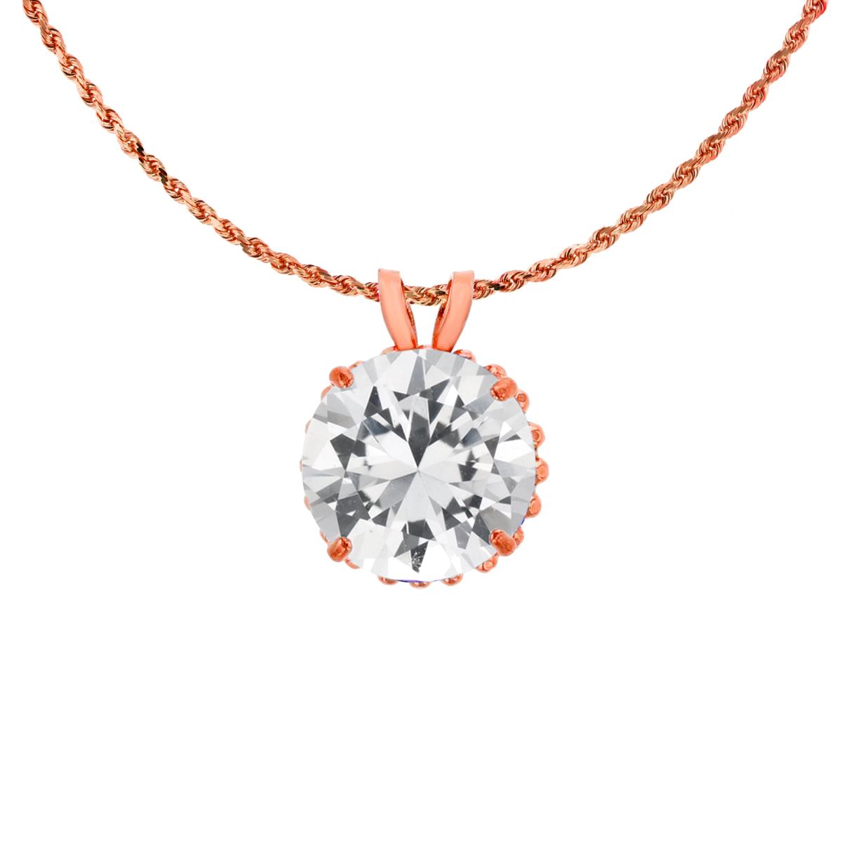 10K Rose Gold 7mm Rd Cut Created White Sapphire with Bead Frame Rabbit Ear 18" Rope Chain Necklace