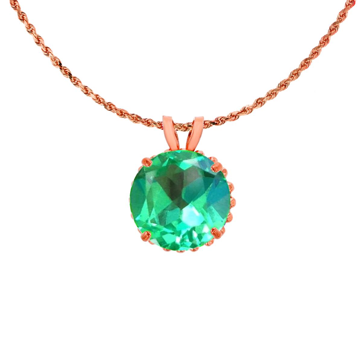 10K Rose Gold 7mm Rd Cut Created Green Sapphire with Bead Frame Rabbit Ear 18" Rope Chain Necklace