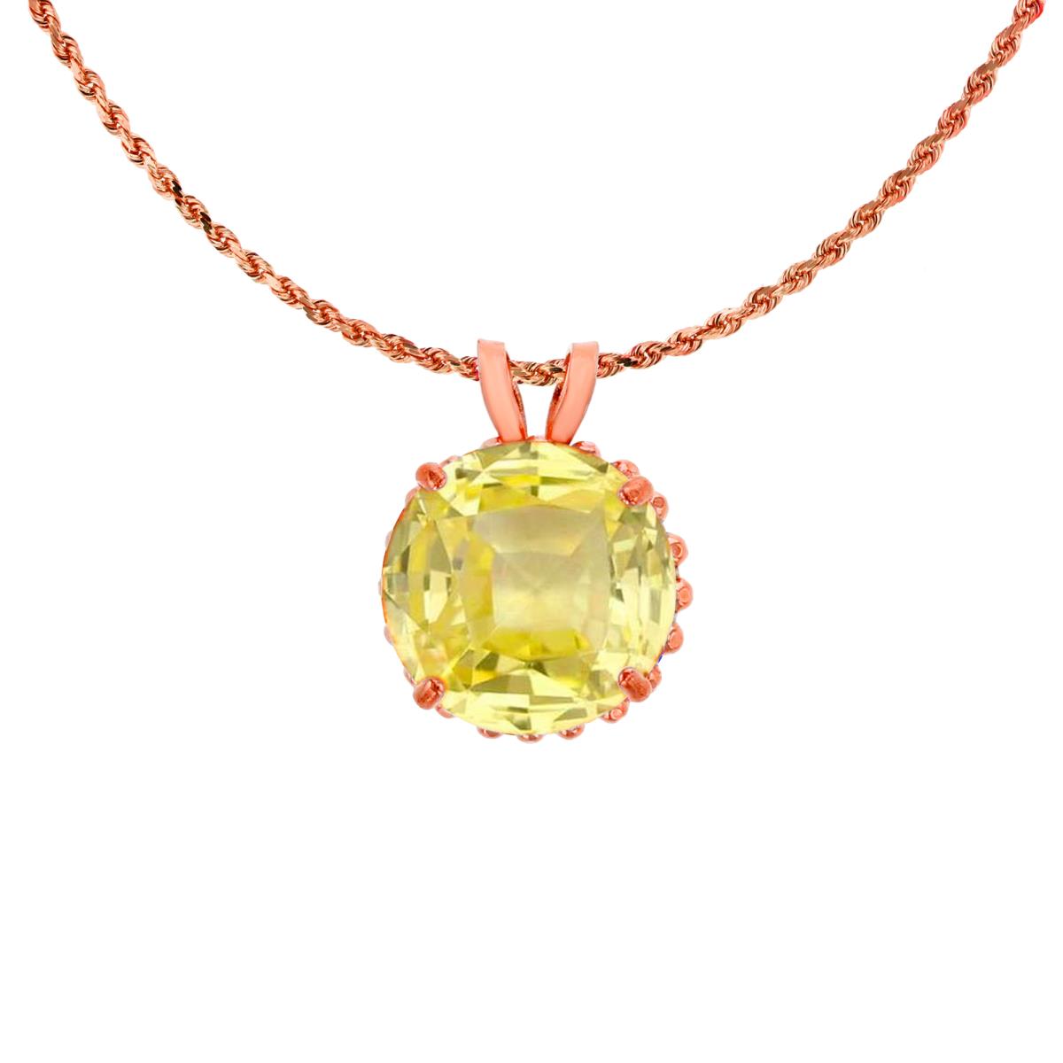 10K Rose Gold 7mm Rd Cut Created Yellow Sapphire with Bead Frame Rabbit Ear 18" Rope Chain Necklace