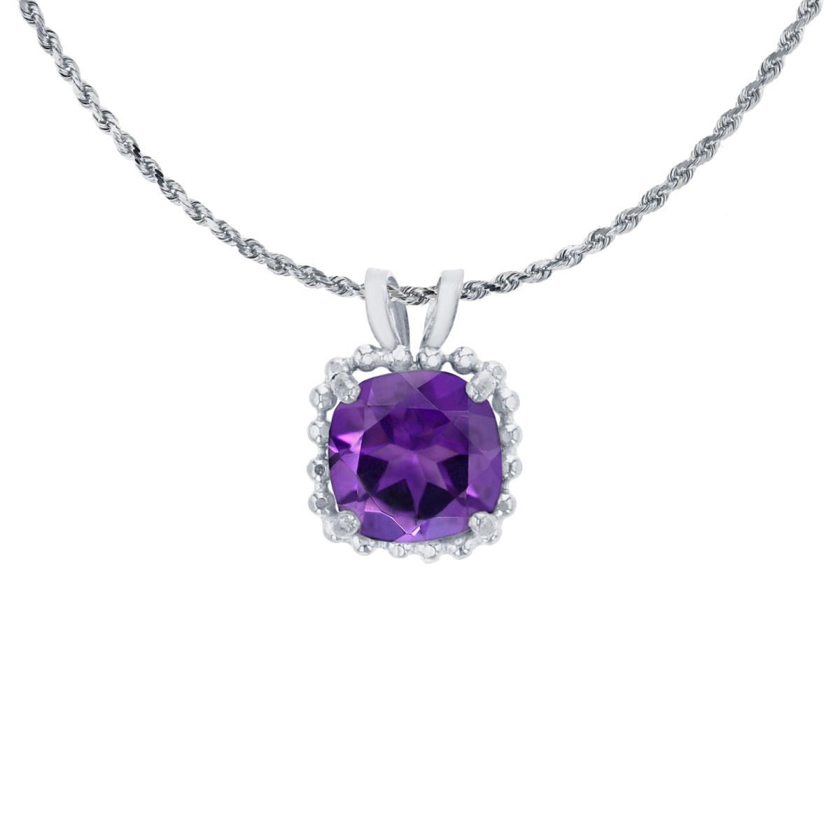 14K White Gold 6mm Cushion Cut Amethyst Bead Frame Rabbit Ear 18" Rope Chain Necklace