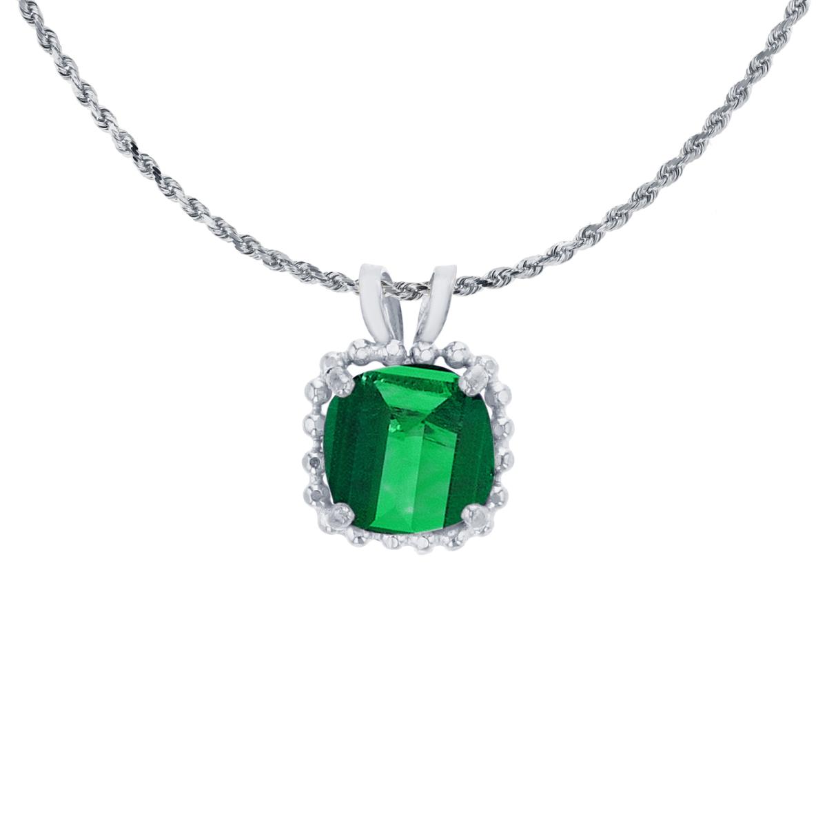 14K White Gold 6mm Cushion Cut Created Emerald Bead Frame Rabbit Ear 18" Rope Chain Necklace